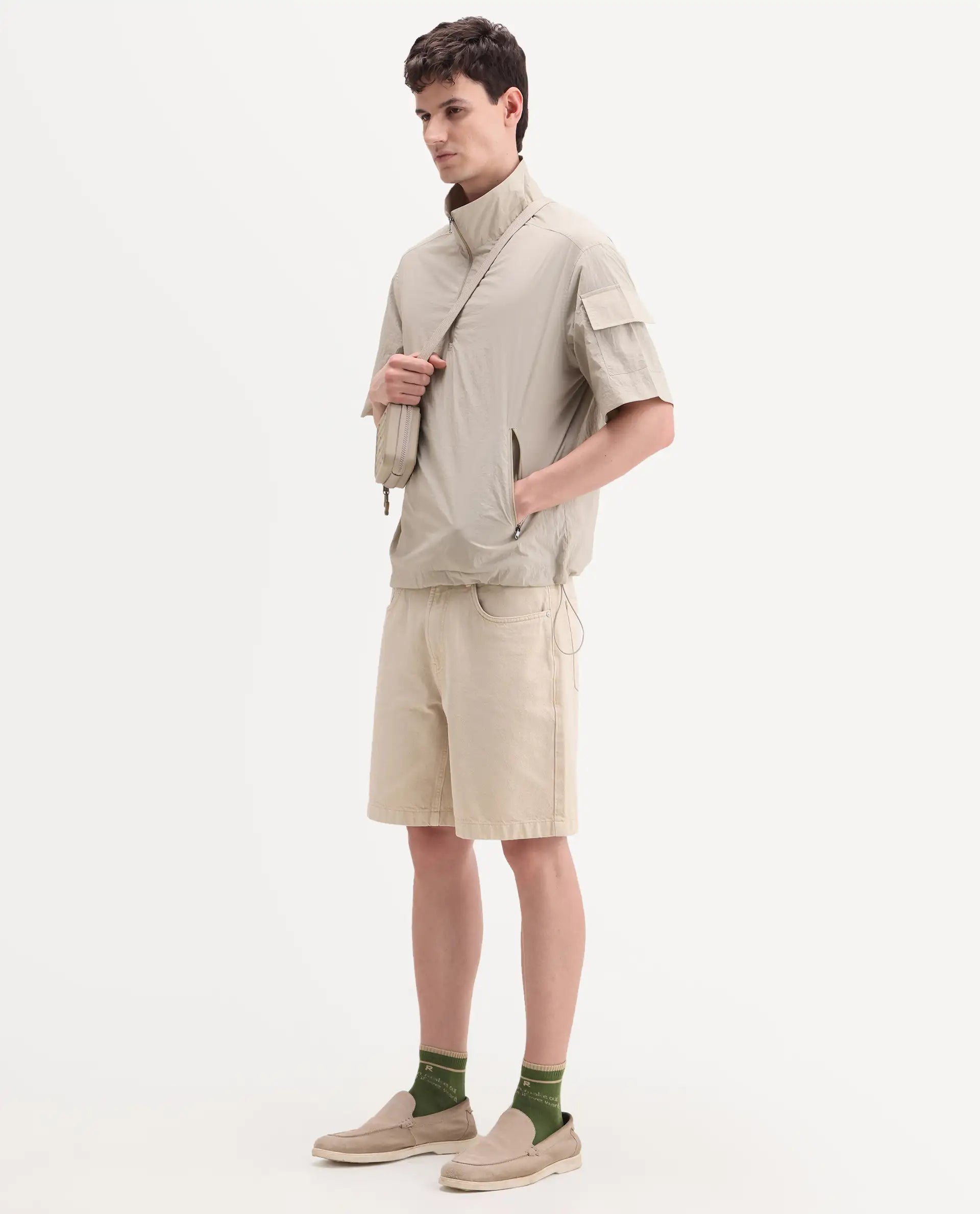 Rare Rabbit Men's Atto Beige Nylon Fabric Half Sleeve Spread Collar Regular Fit Plain Polo