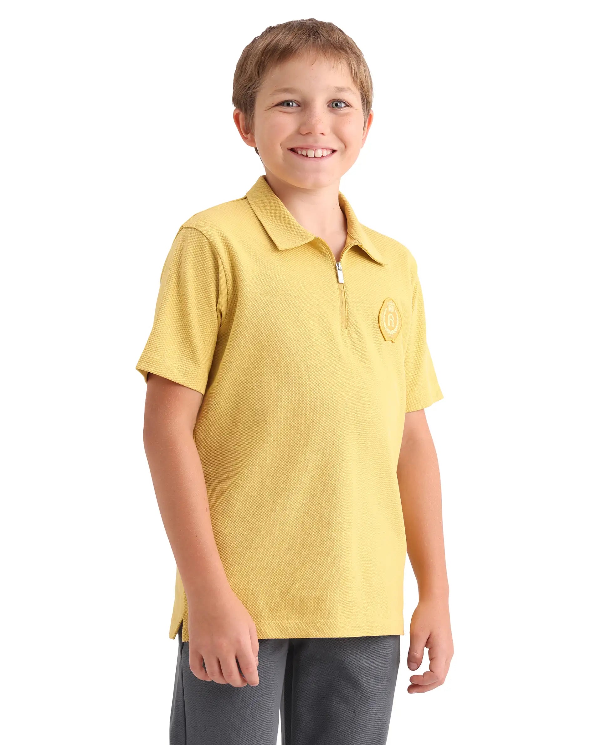 Rare Ones Kids Crown Yellow Cotton Fabric Applique Zipper Closure Regular Fit Polo
