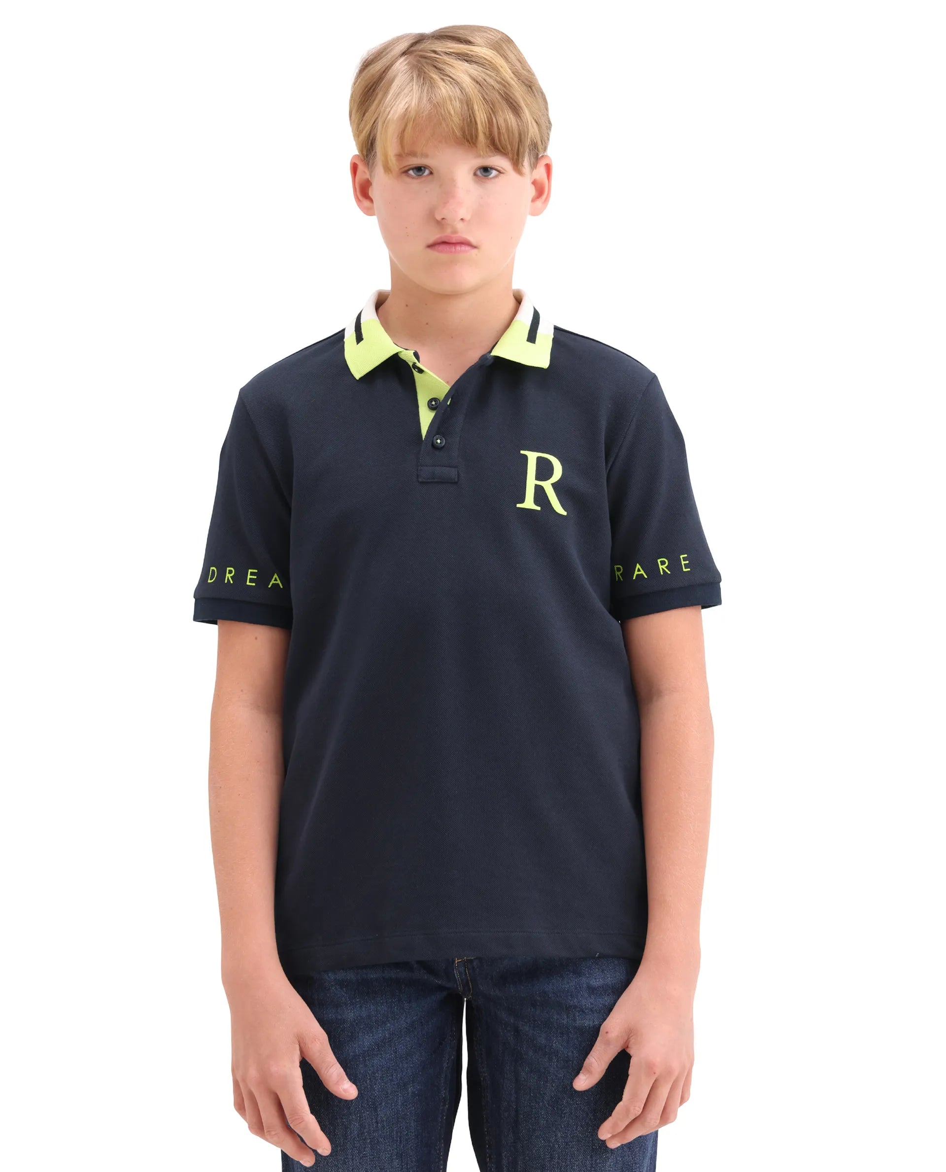 Rare Ones Kids Lura Navy Cotton Button Closure Pigment Print Regular Fit Polo