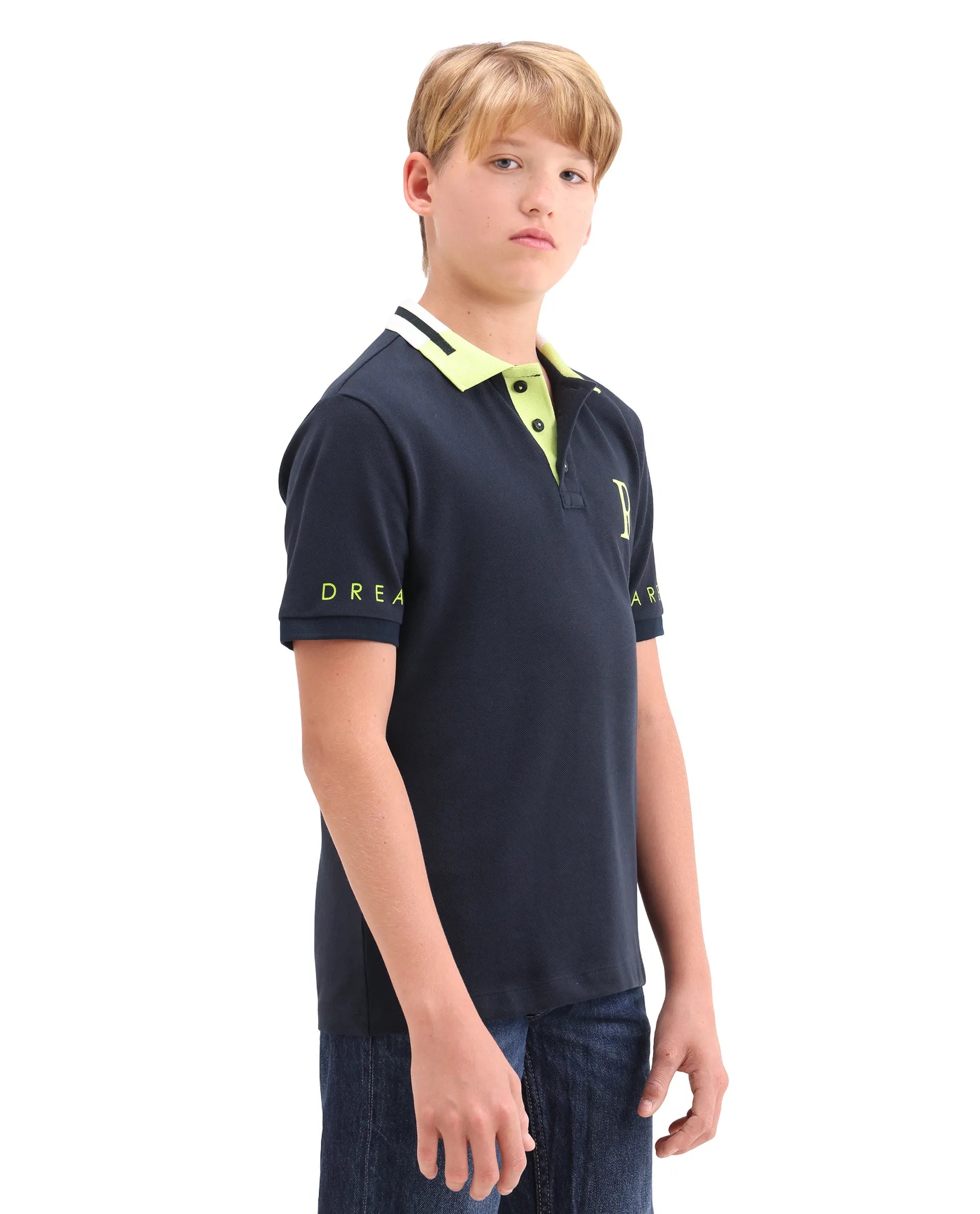 Rare Ones Kids Lura Navy Cotton Button Closure Pigment Print Regular Fit Polo