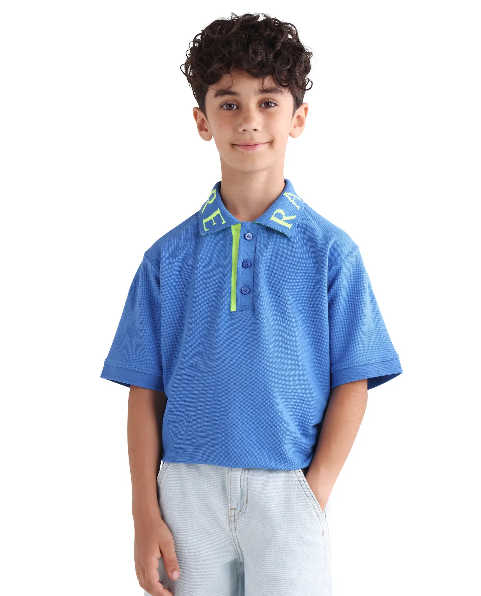 Rare Ones Kids Caven Blue Cotton Button Closure Jacquard Regular Fit Polo
