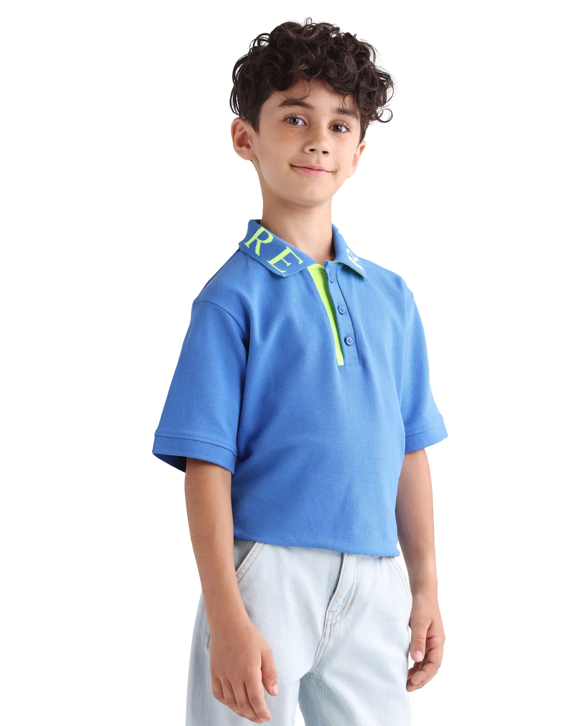 Rare Ones Kids Caven Blue Cotton Button Closure Jacquard Regular Fit Polo