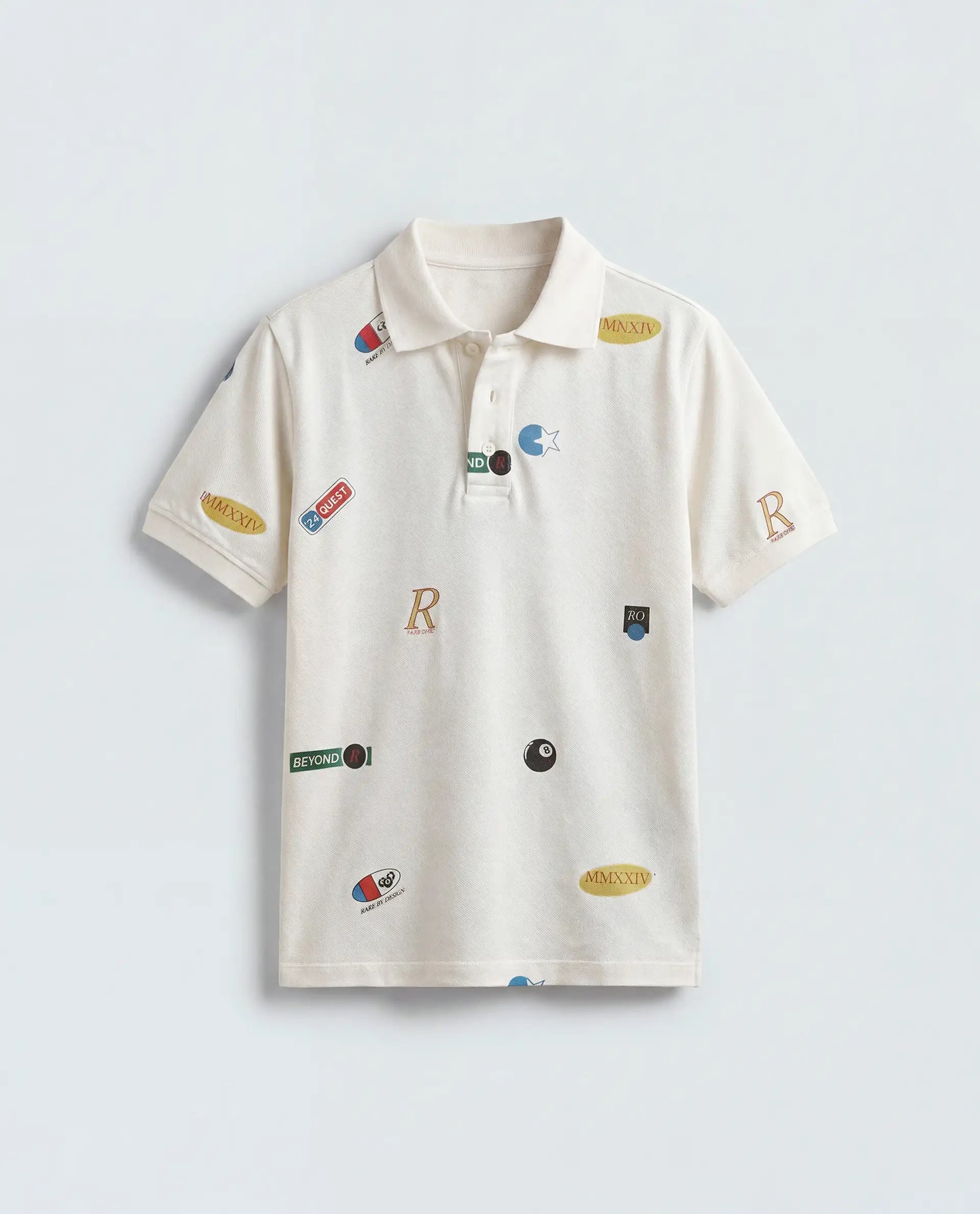 Rare Ones Kids Rixo White Cotton Button Closure All Over Print Regular Fit Polo
