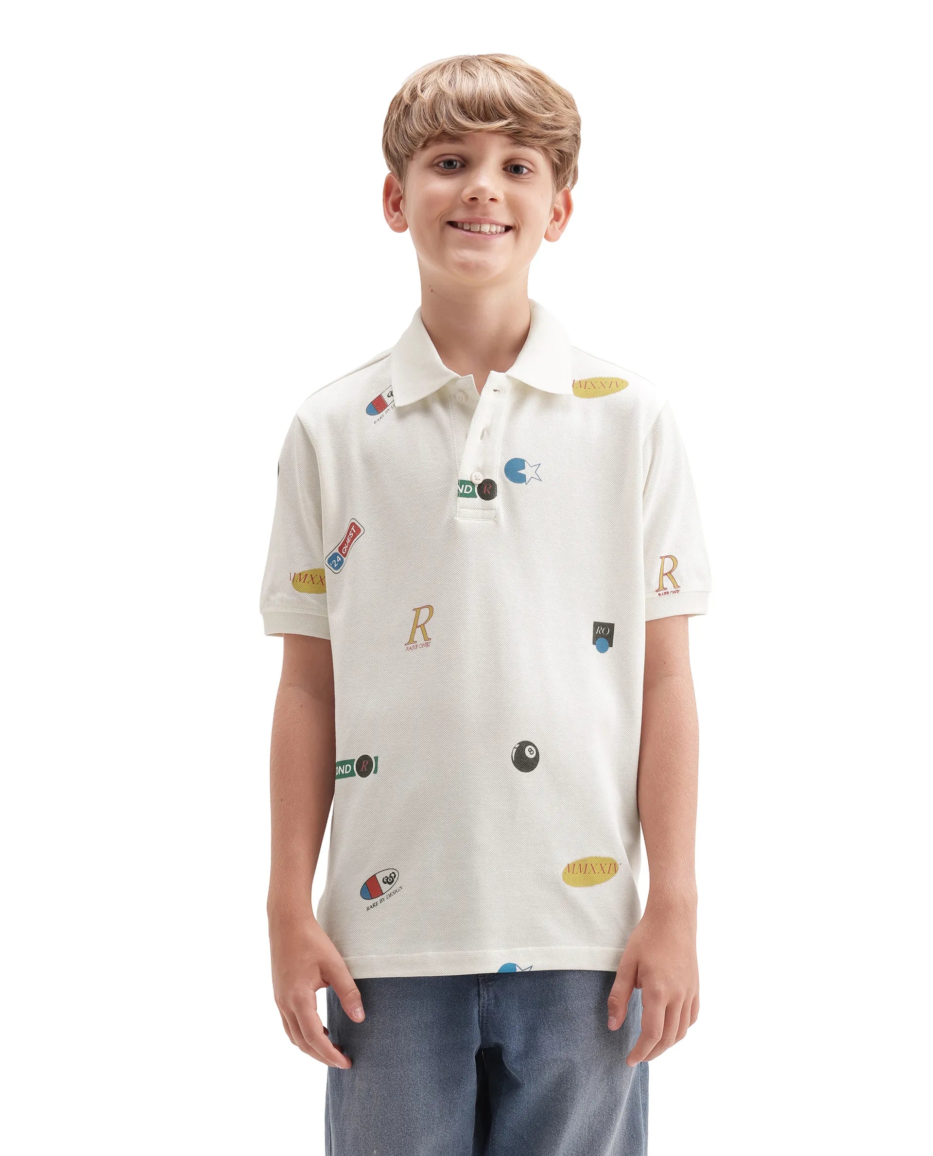 Rare Ones Kids Rixo White Cotton Button Closure All Over Print Regular Fit Polo