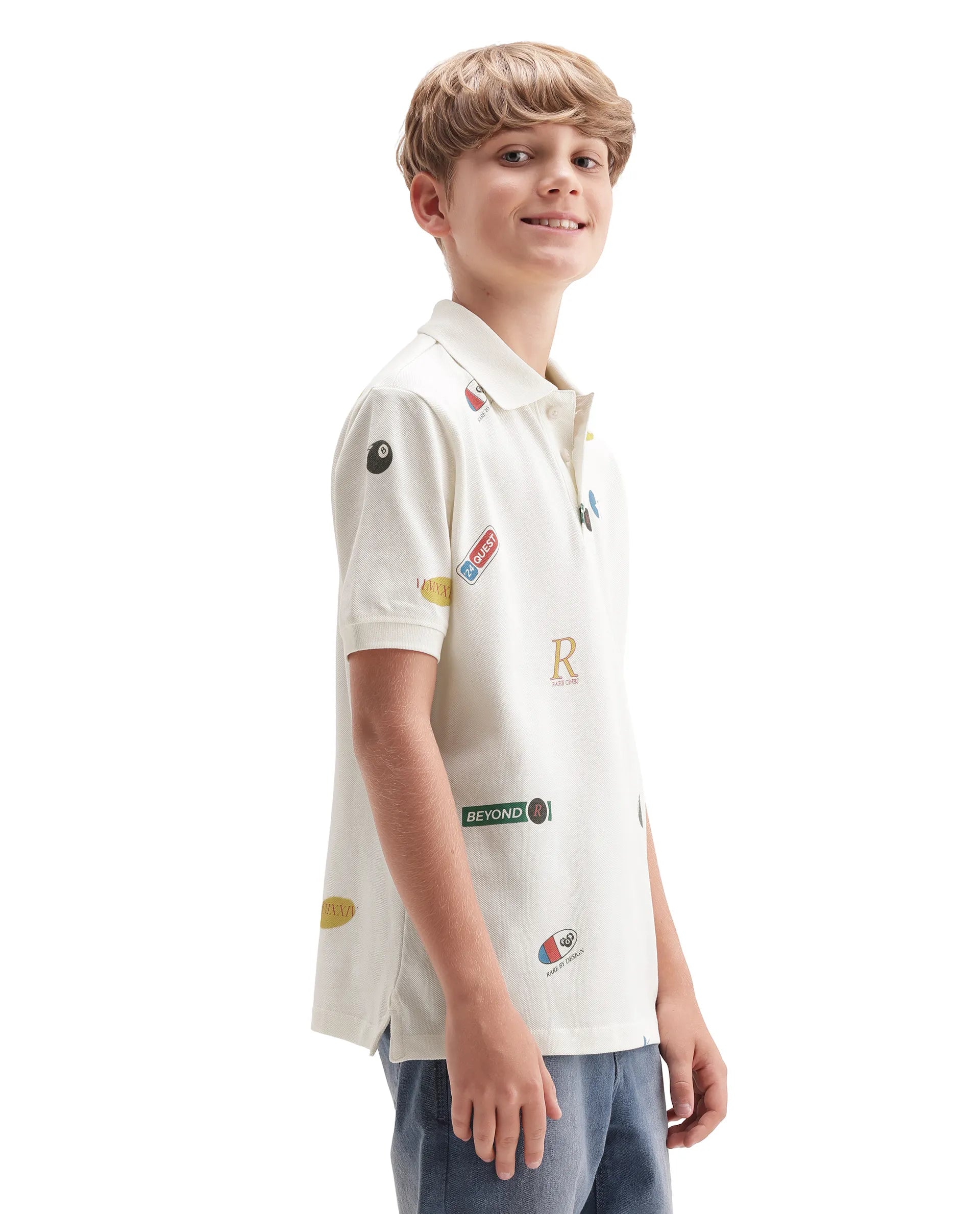 Rare Ones Kids Rixo White Cotton Button Closure All Over Print Regular Fit Polo