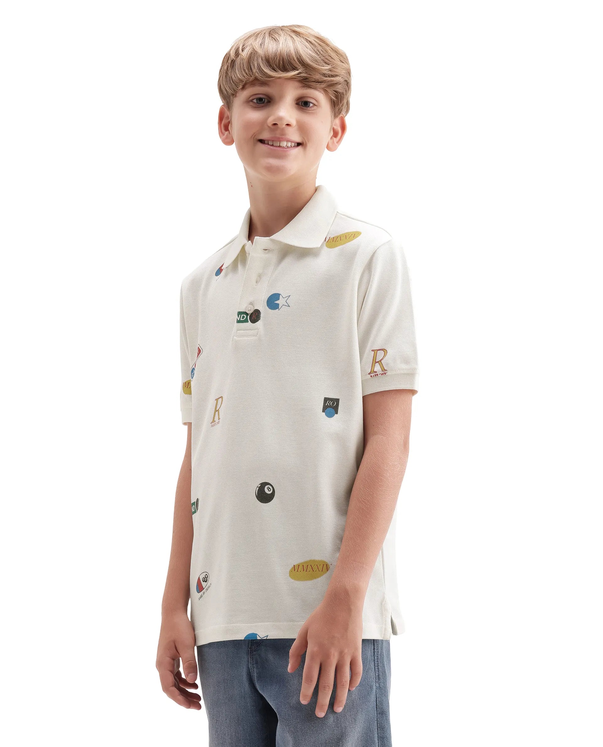 Rare Ones Kids Rixo White Cotton Button Closure All Over Print Regular Fit Polo