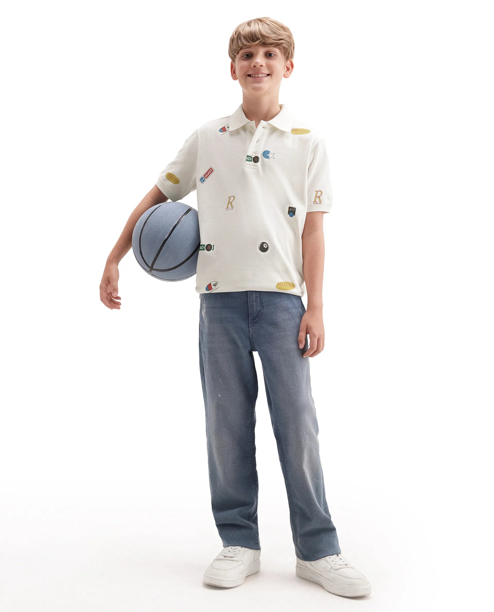 Rare Ones Kids Rixo White Cotton Button Closure All Over Print Regular Fit Polo