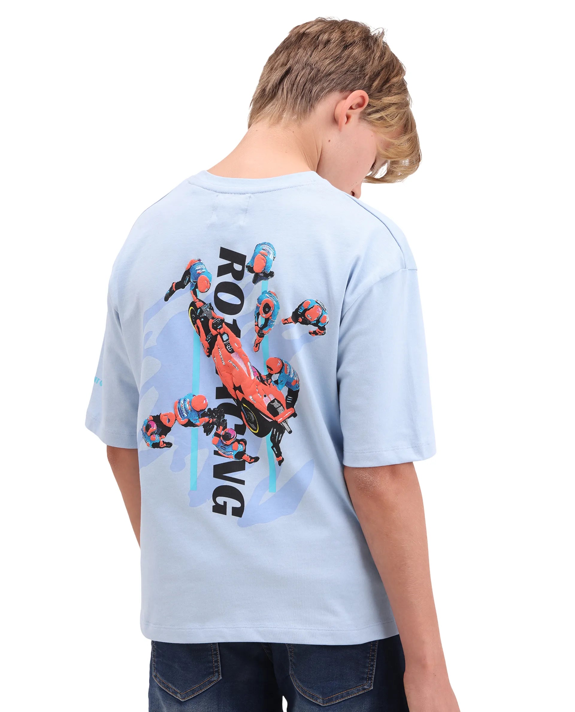 Rare Ones Kids Pite Pastel Blue Cotton Pull-On Closure Puff Print Oversized Fit T-Shirt