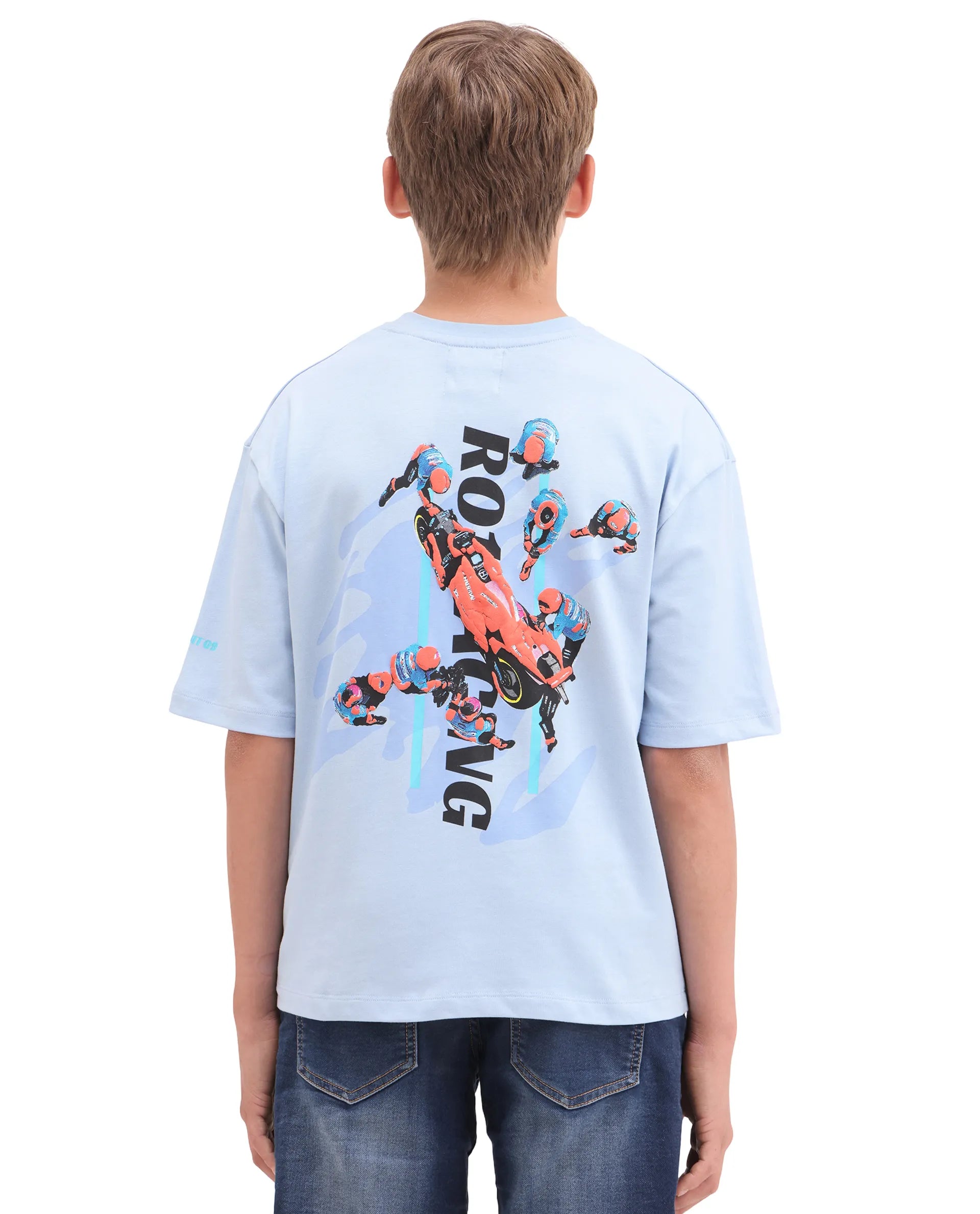 Rare Ones Kids Pite Pastel Blue Cotton Pull-On Closure Puff Print Oversized Fit T-Shirt