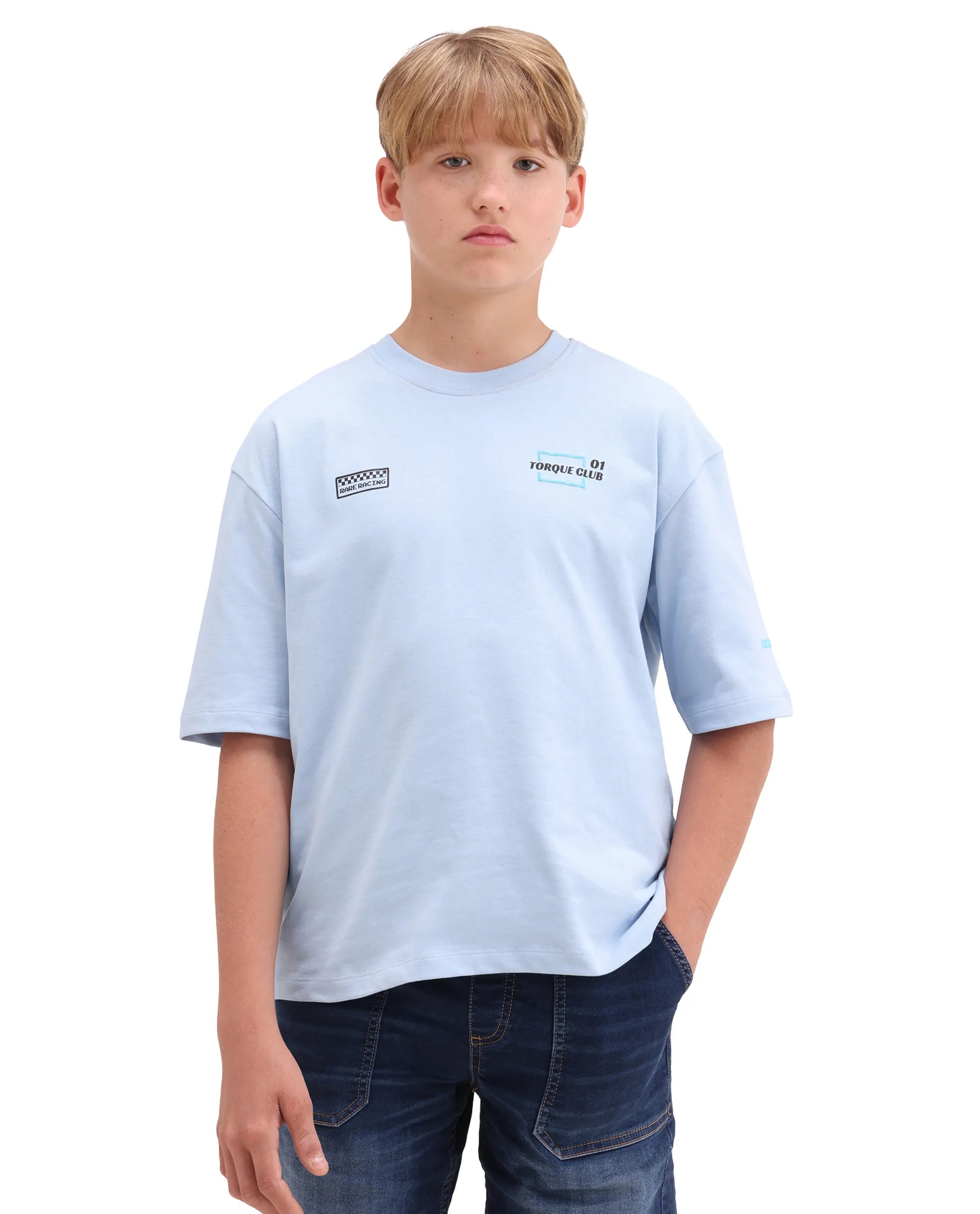 Rare Ones Kids Pite Pastel Blue Cotton Pull-On Closure Puff Print Oversized Fit T-Shirt