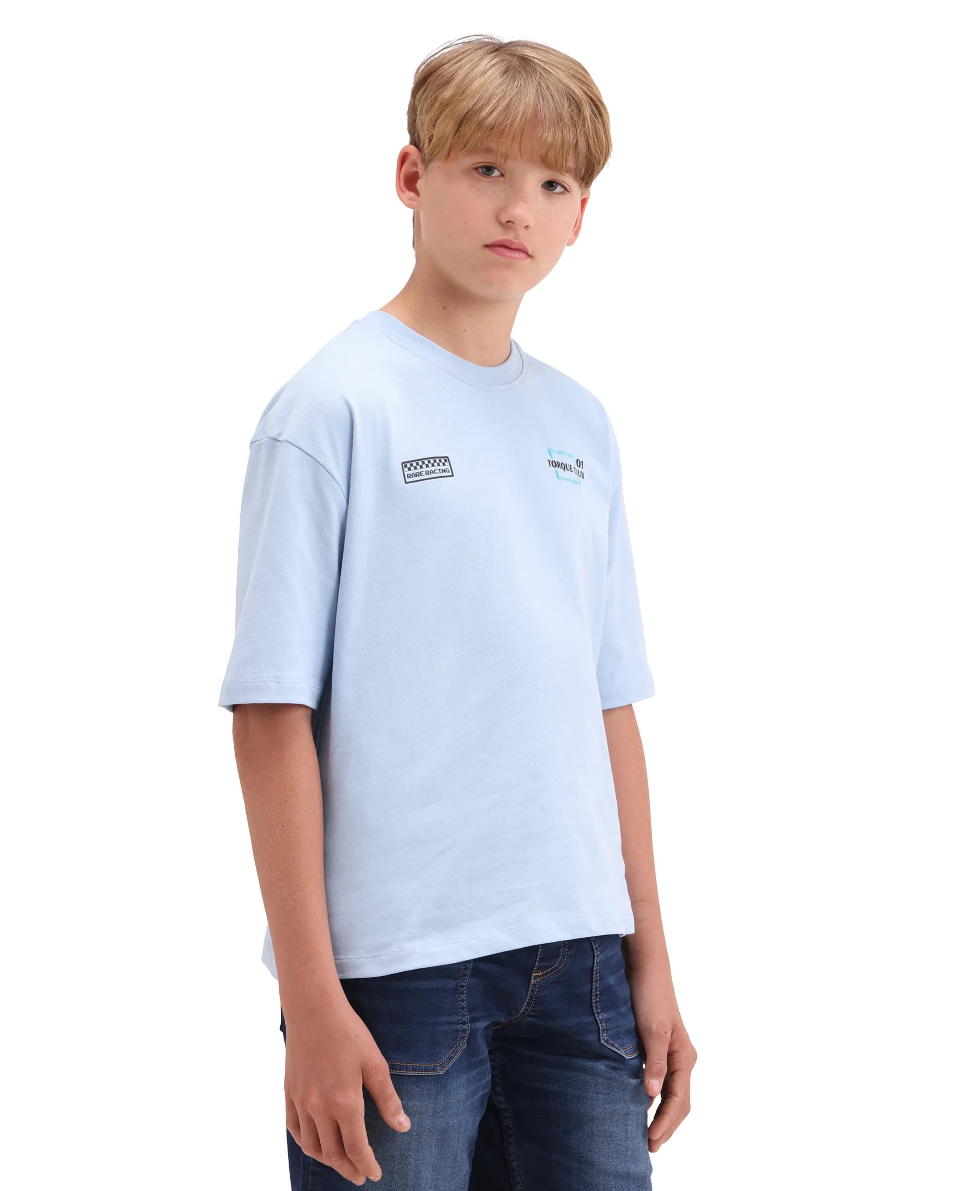 Rare Ones Kids Pite Pastel Blue Cotton Pull-On Closure Puff Print Oversized Fit T-Shirt