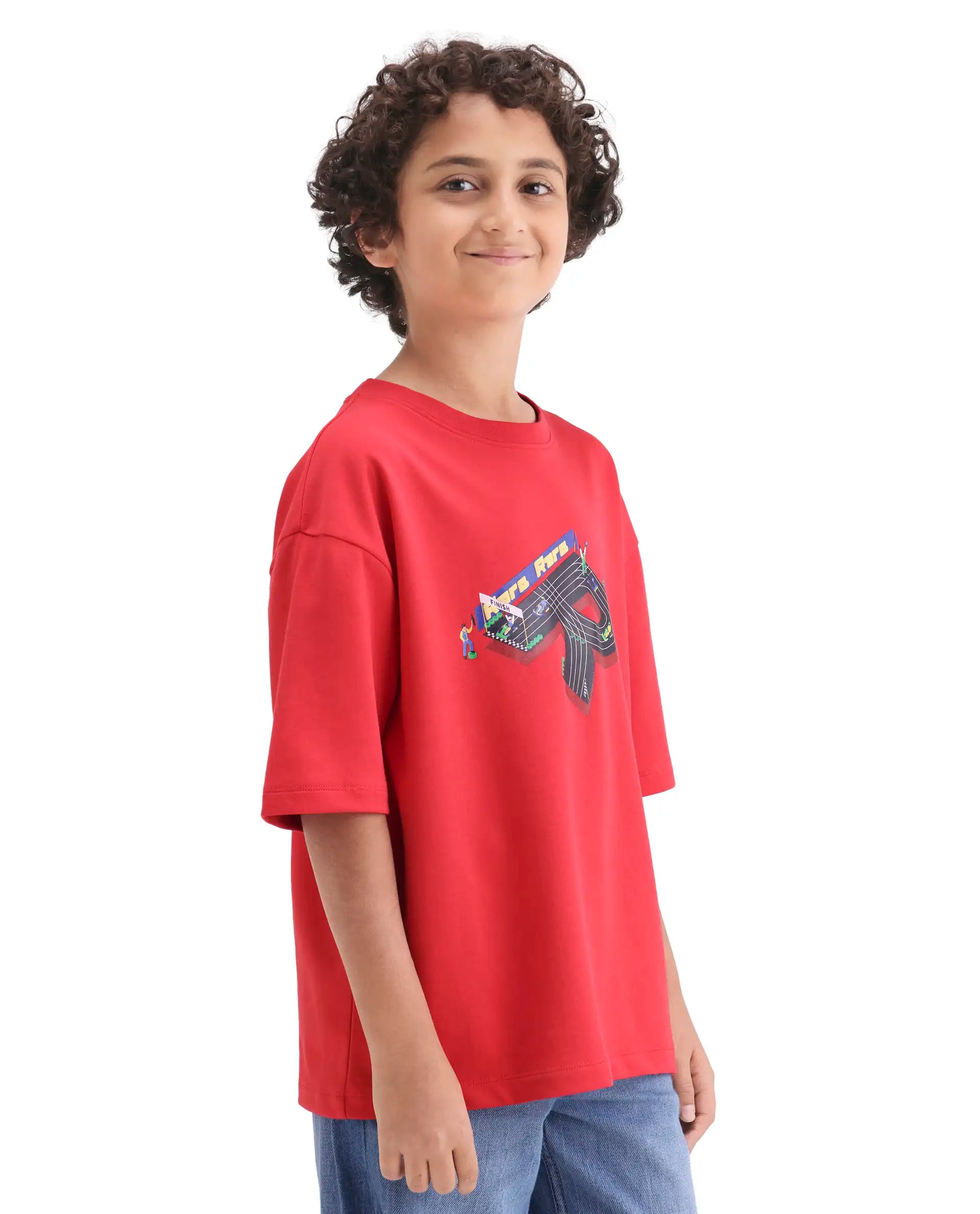 Rare Ones Kids Skil Red Cotton Blend Fabric Pull-On Closure Hd Print Boxy Fit T-Shirt