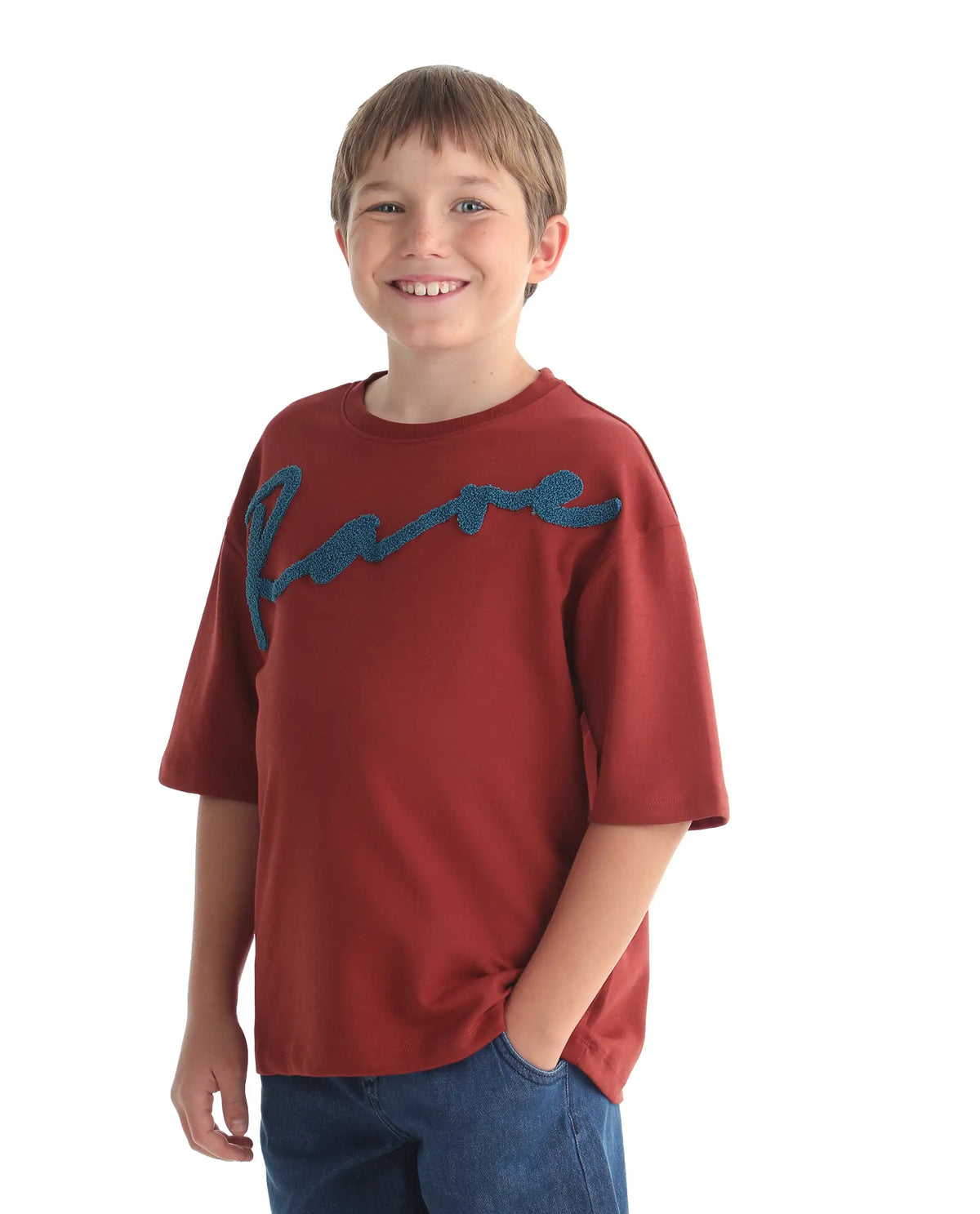 Rare Ones Kids Lerc-K Red Cotton Blend Fabric Pull-On Closure Terry Embroidery Oversized Fit T-Shirt