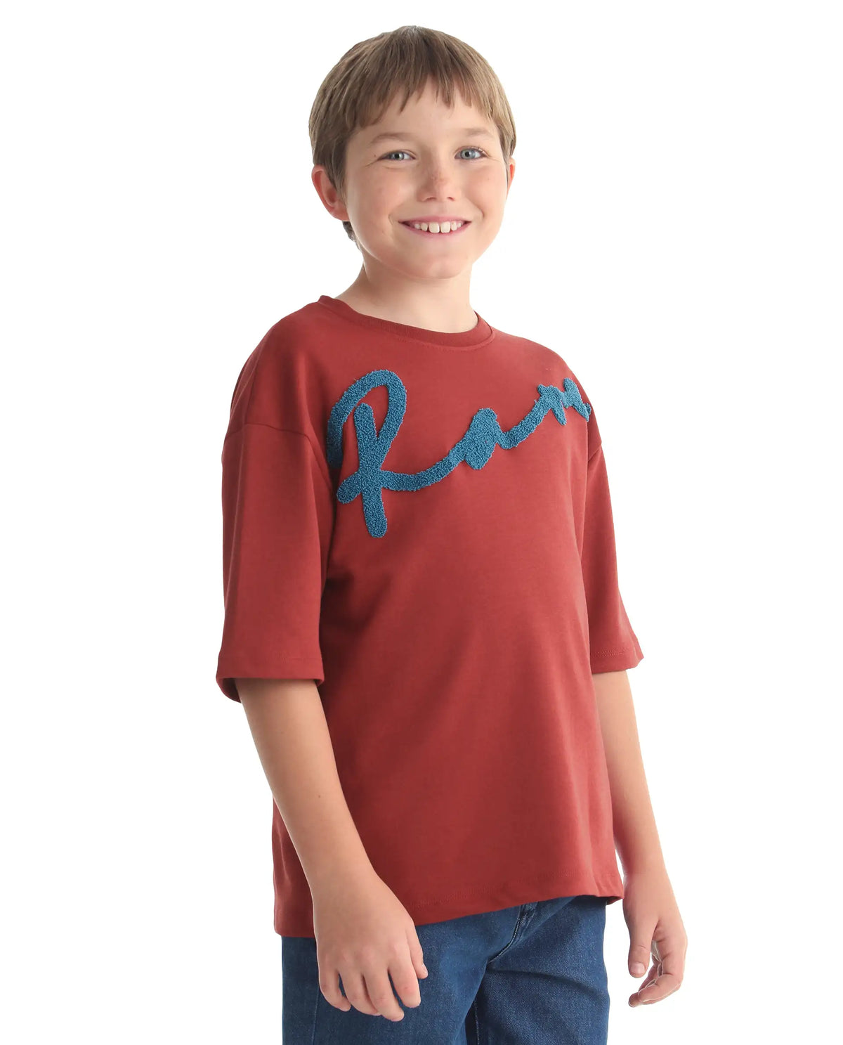 Rare Ones Kids Lerc-K Red Cotton Blend Fabric Pull-On Closure Terry Embroidery Oversized Fit T-Shirt