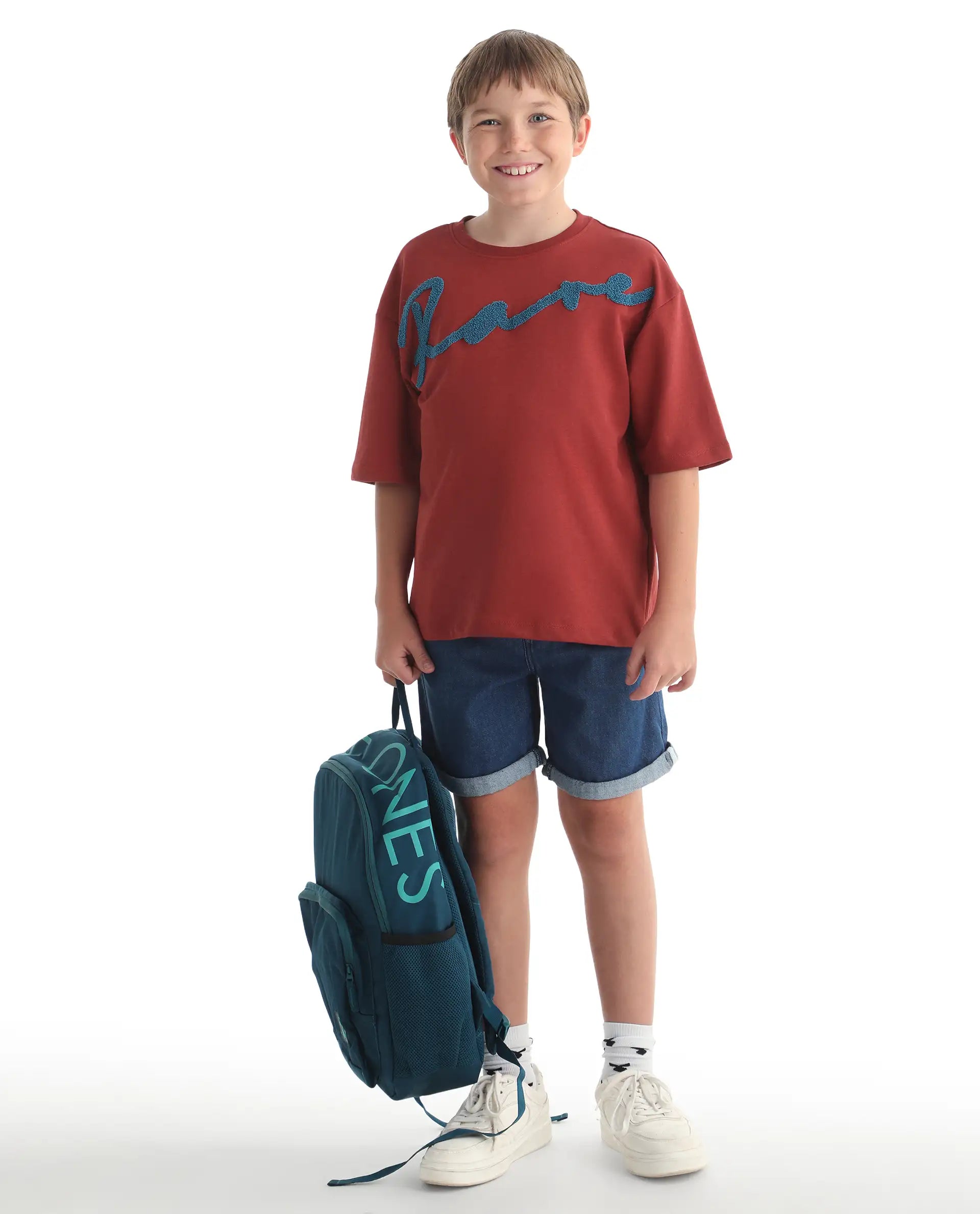 Rare Ones Kids Lerc-K Red Cotton Blend Fabric Pull-On Closure Terry Embroidery Oversized Fit T-Shirt