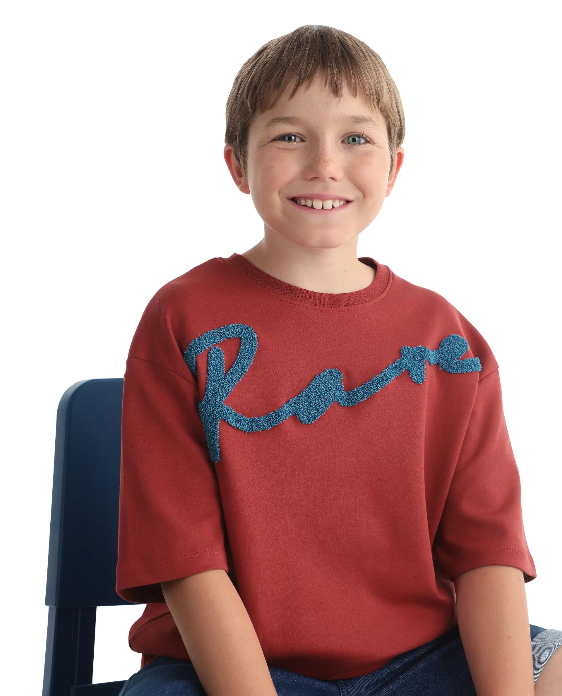Rare Ones Kids Lerc-K Red Cotton Blend Fabric Pull-On Closure Terry Embroidery Oversized Fit T-Shirt
