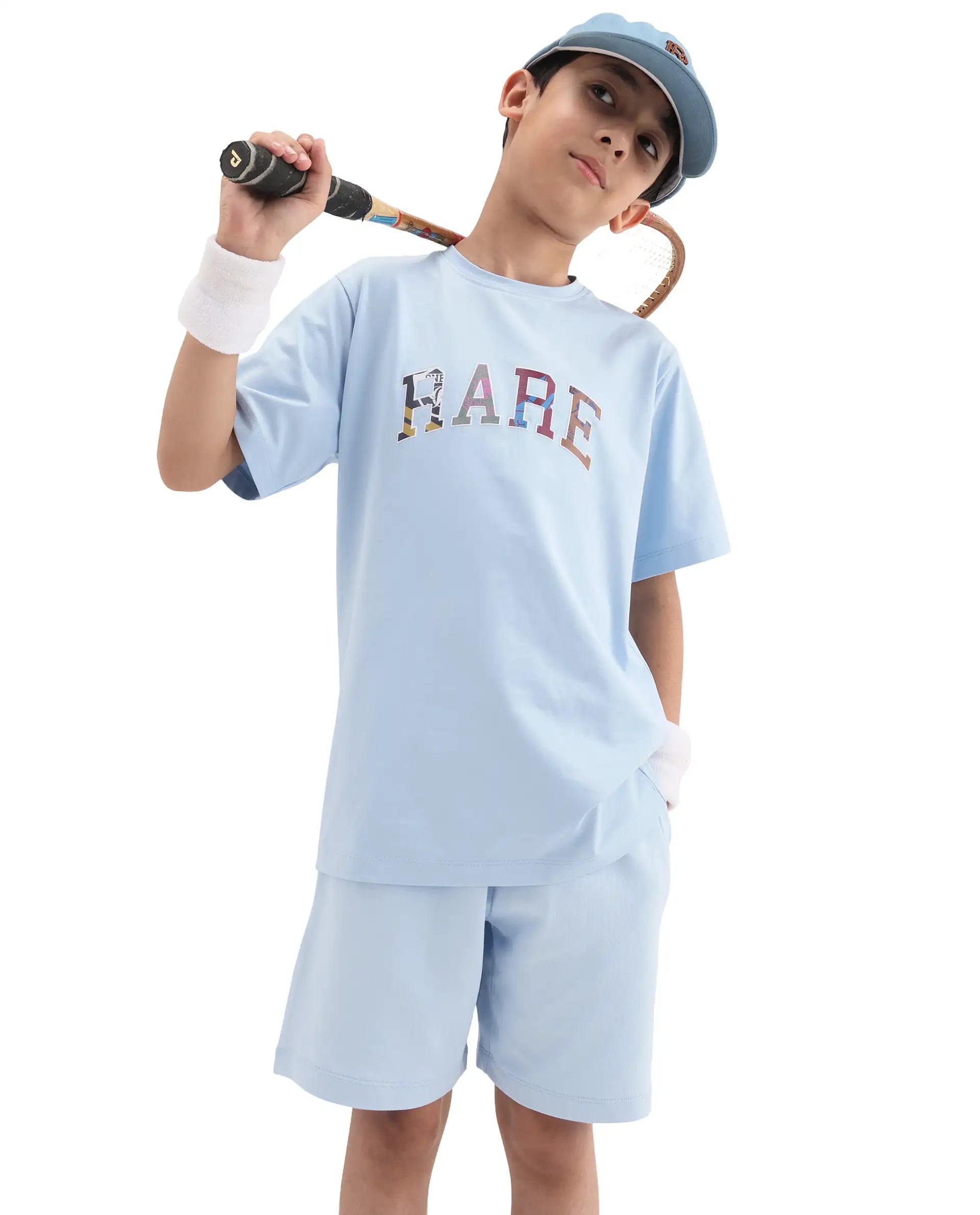 Rare Ones Kids Jonty Pastel Blue Cotton Fabric Pull-On Closure Badge Applique Regular Fit T-Shirt