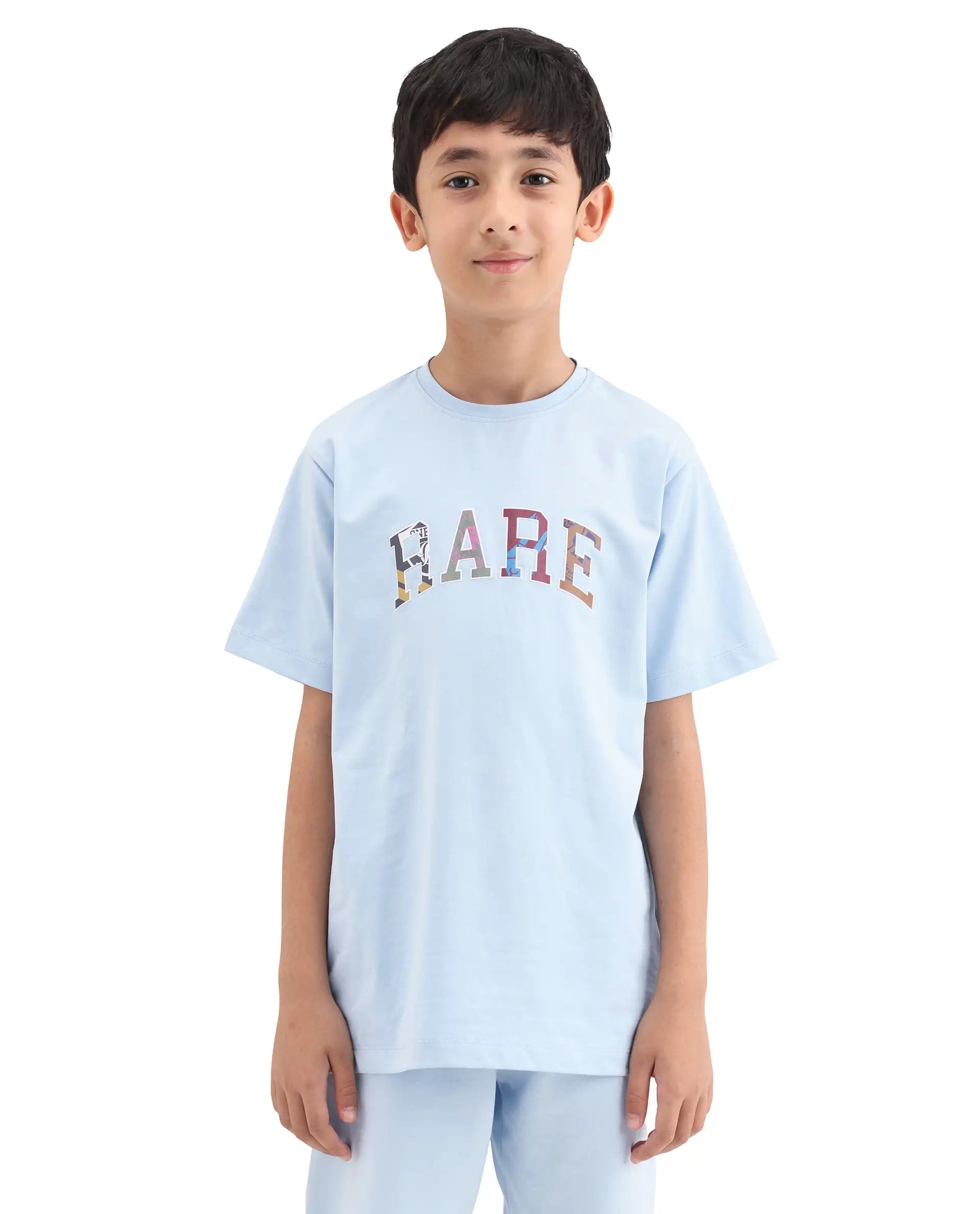 Rare Ones Kids Jonty Pastel Blue Cotton Fabric Pull-On Closure Badge Applique Regular Fit T-Shirt