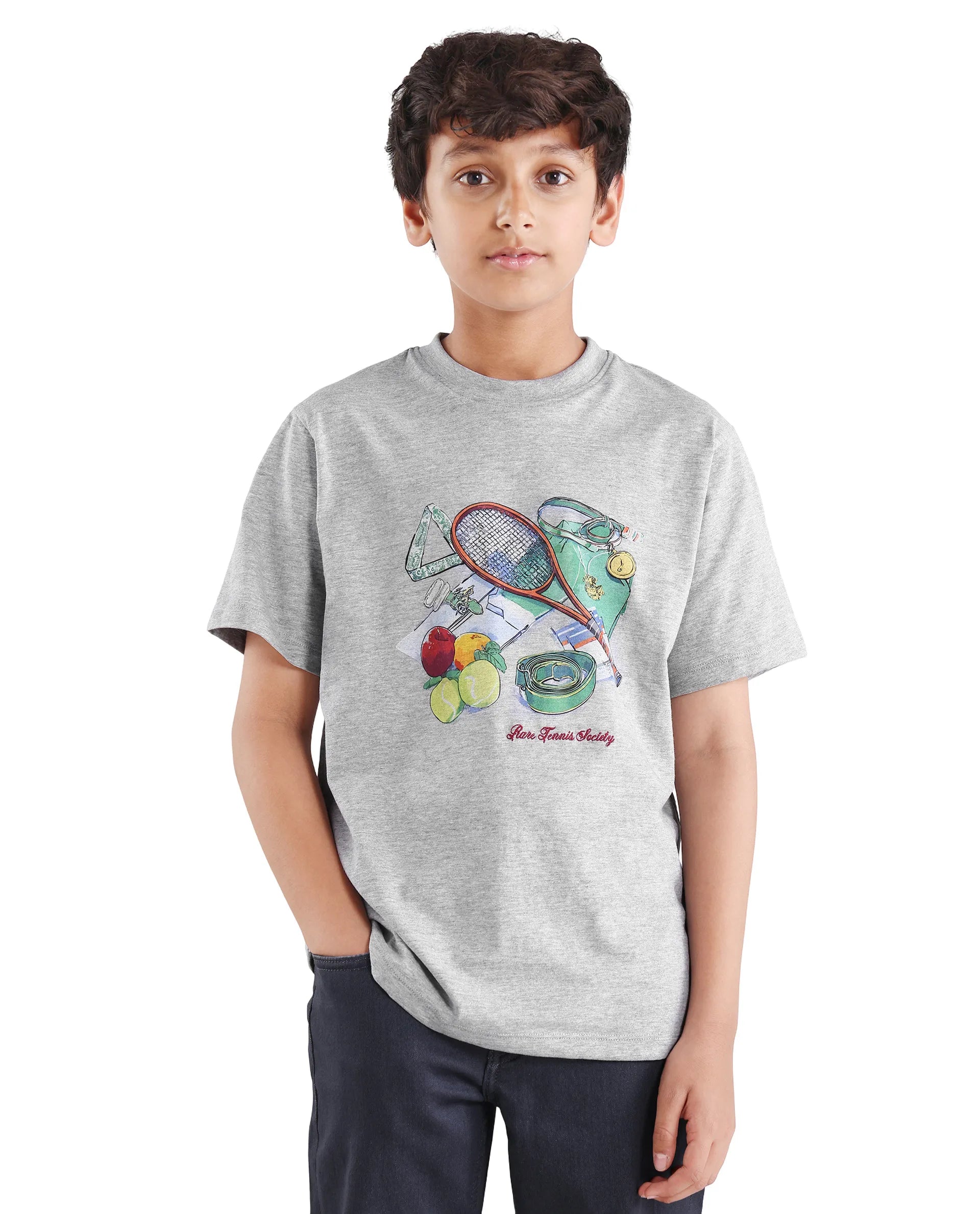 Rare Ones Kids Nadal Melange Grey Cotton Blend Pull-On Closure Digital Print Regular Fit T-Shirt