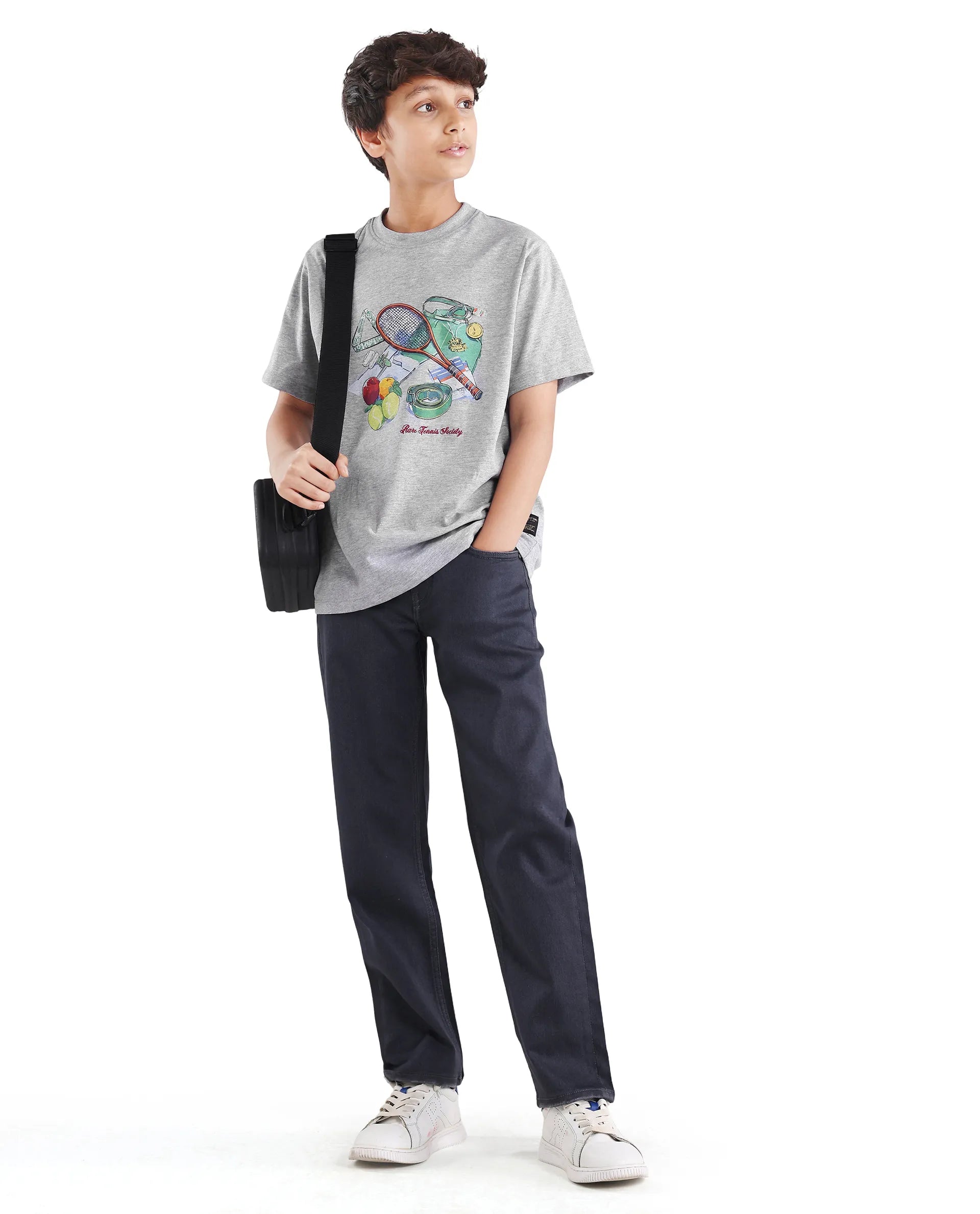 Rare Ones Kids Nadal Melange Grey Cotton Blend Pull-On Closure Digital Print Regular Fit T-Shirt