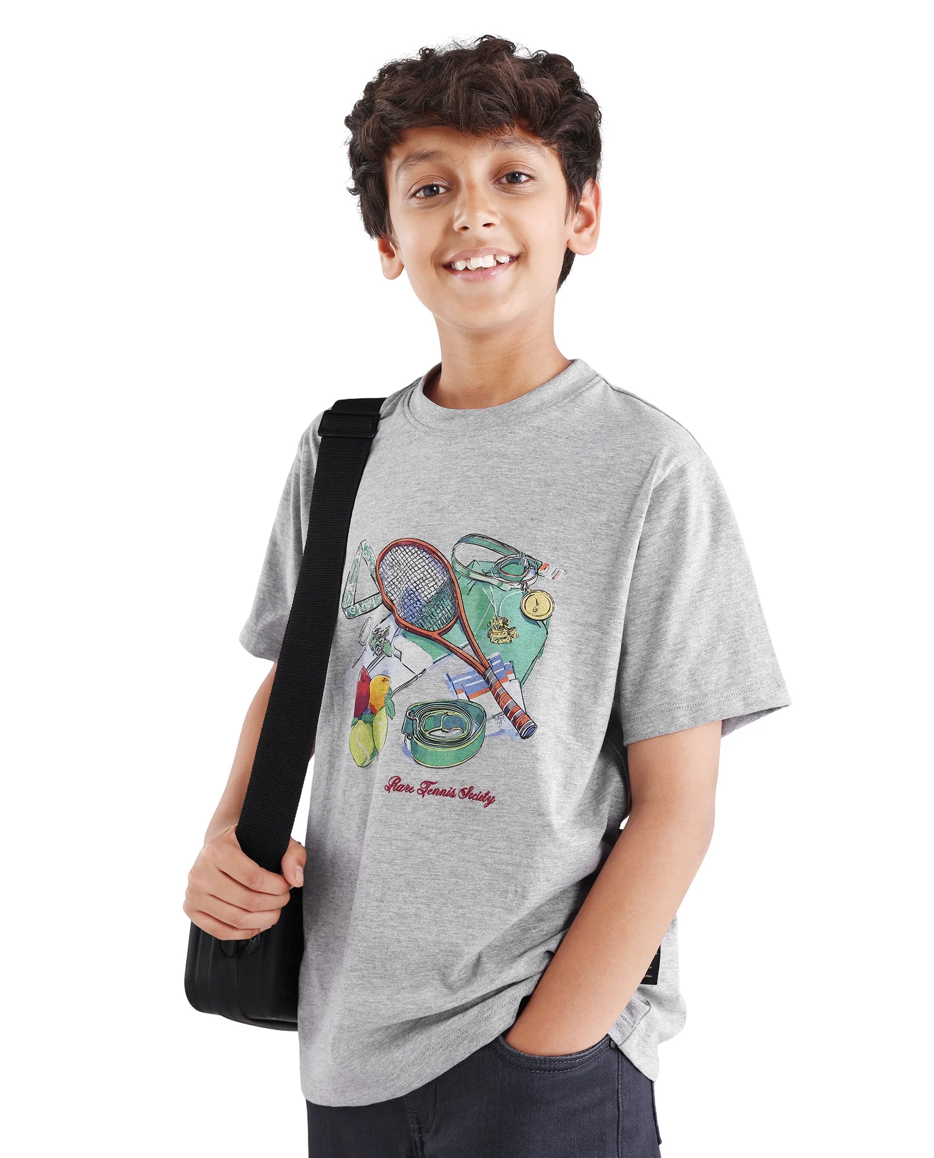 Rare Ones Kids Nadal Melange Grey Cotton Blend Pull-On Closure Digital Print Regular Fit T-Shirt