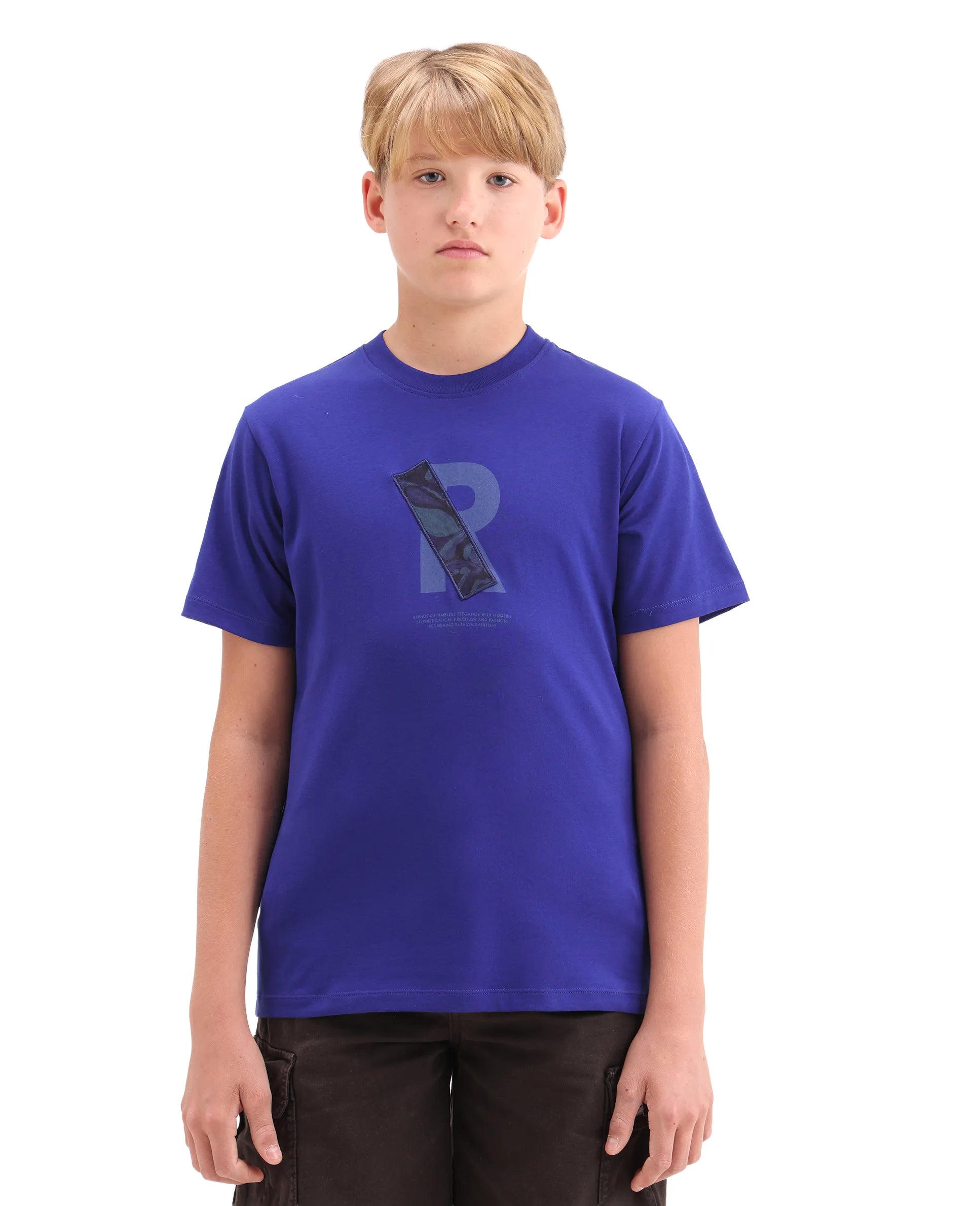 Rare Ones Kids Apla-K Dark Blue Cotton Blend Pull-On Closure Badge Applique Regular Fit T-Shirt