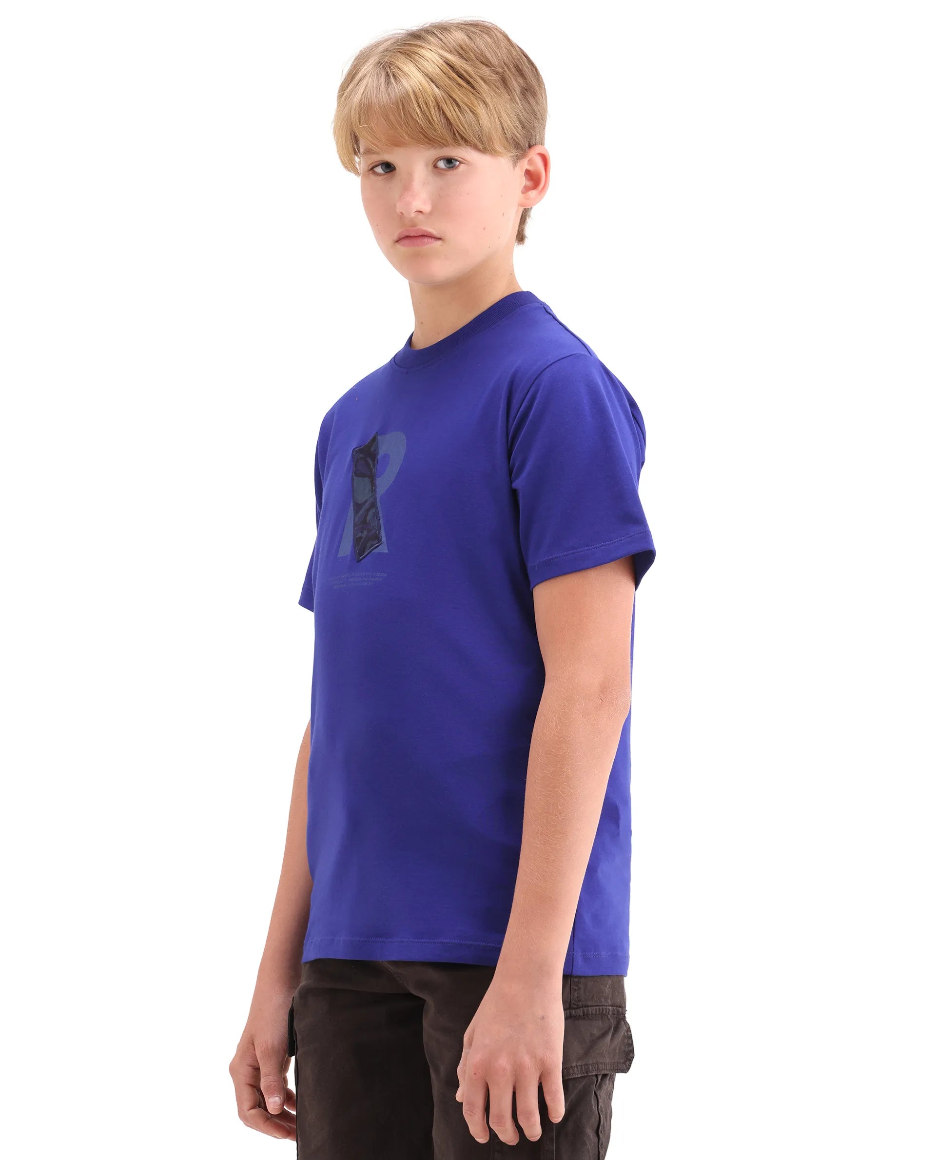 Rare Ones Kids Apla-K Dark Blue Cotton Blend Pull-On Closure Badge Applique Regular Fit T-Shirt