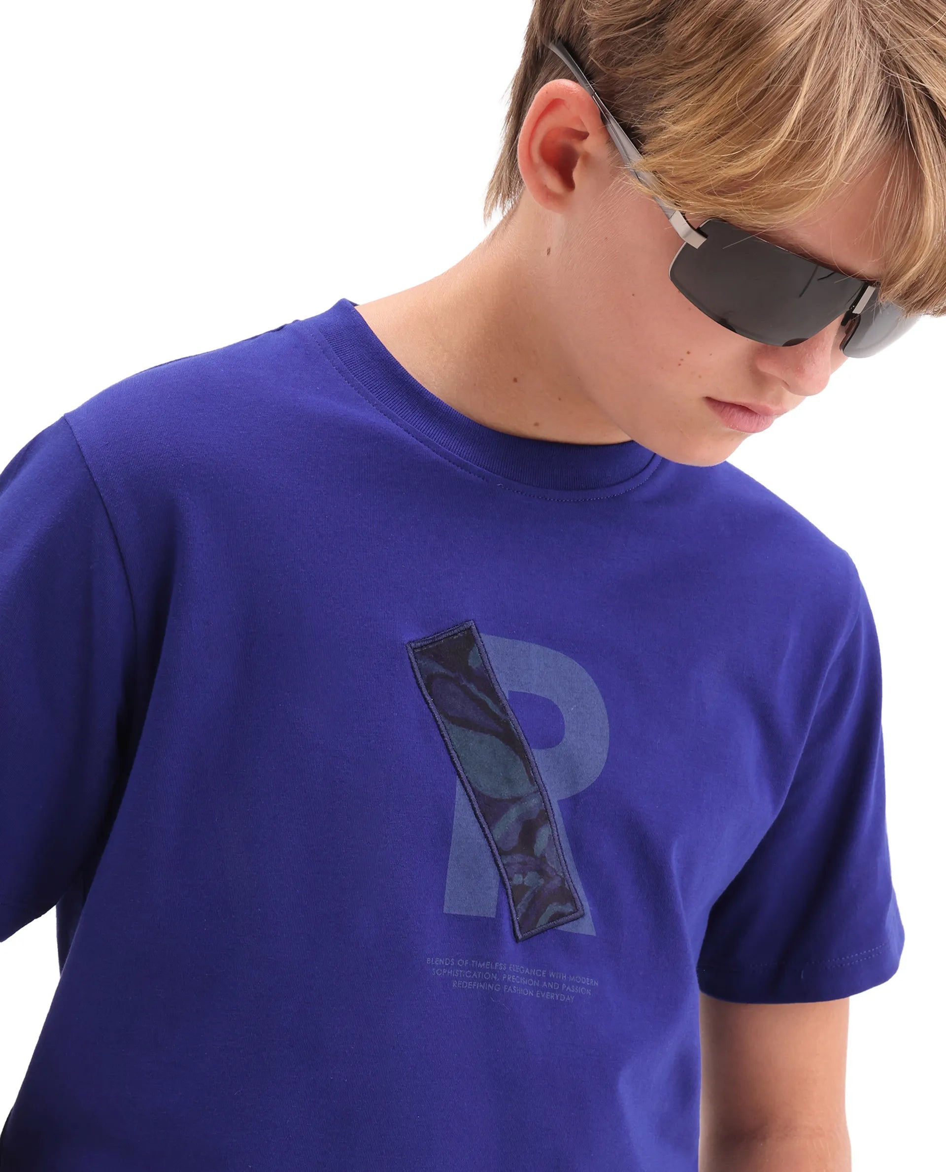 Rare Ones Kids Apla-K Dark Blue Cotton Blend Pull-On Closure Badge Applique Regular Fit T-Shirt