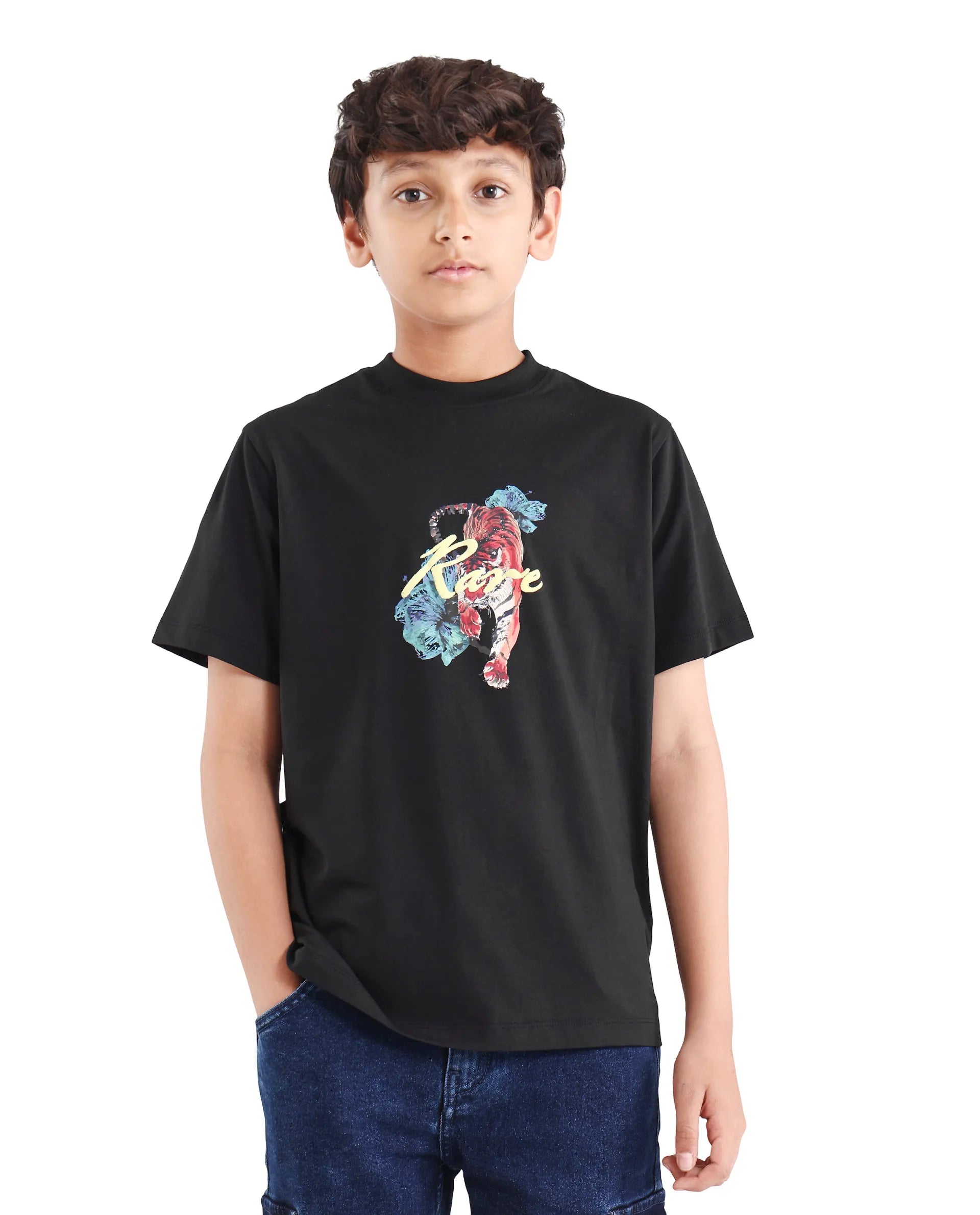 Rare Ones Kids Rige-K Black Cotton Blend Fabric Pull-On Closure Digital Print Regular Fit T-Shirt