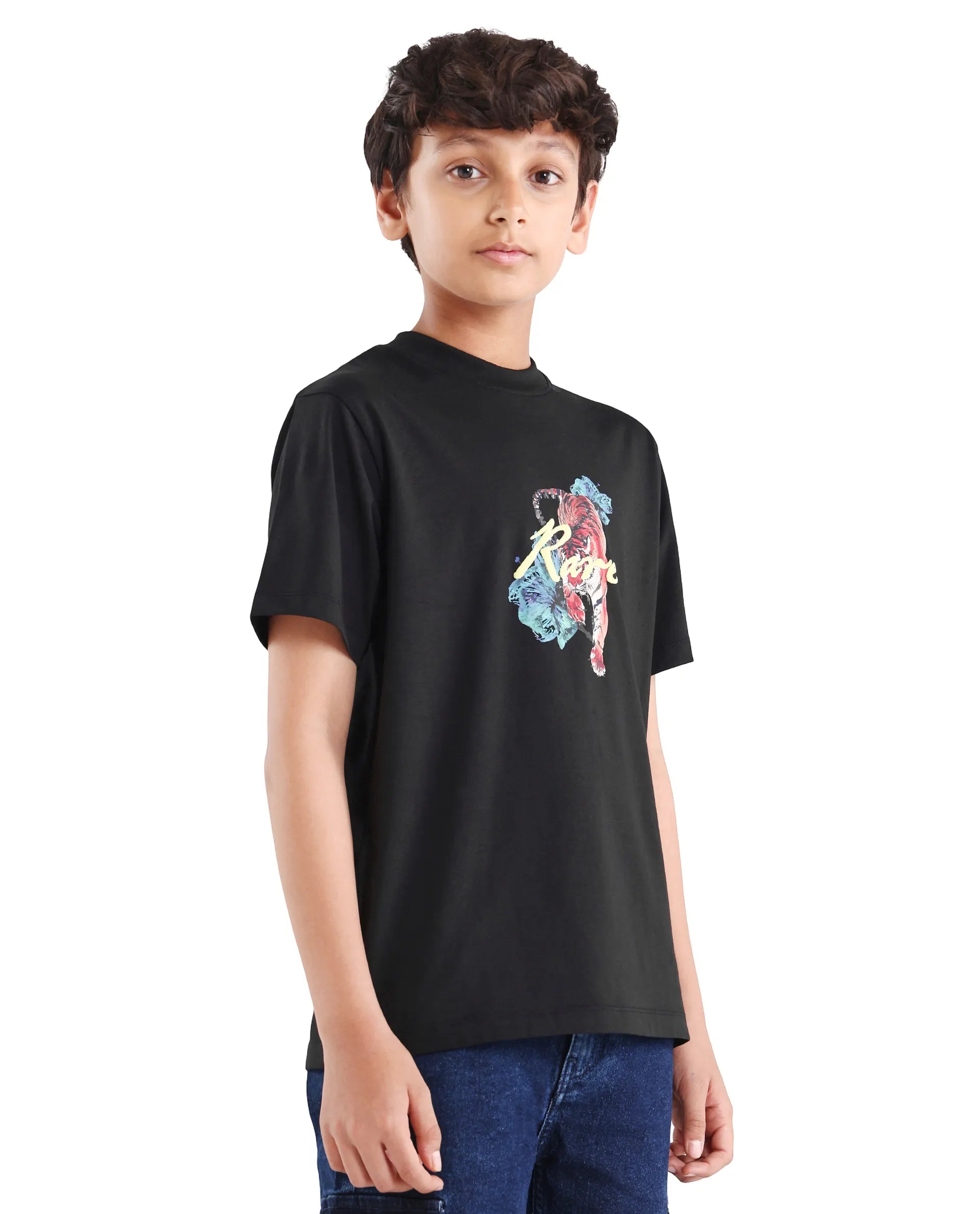 Rare Ones Kids Rige-K Black Cotton Blend Fabric Pull-On Closure Digital Print Regular Fit T-Shirt