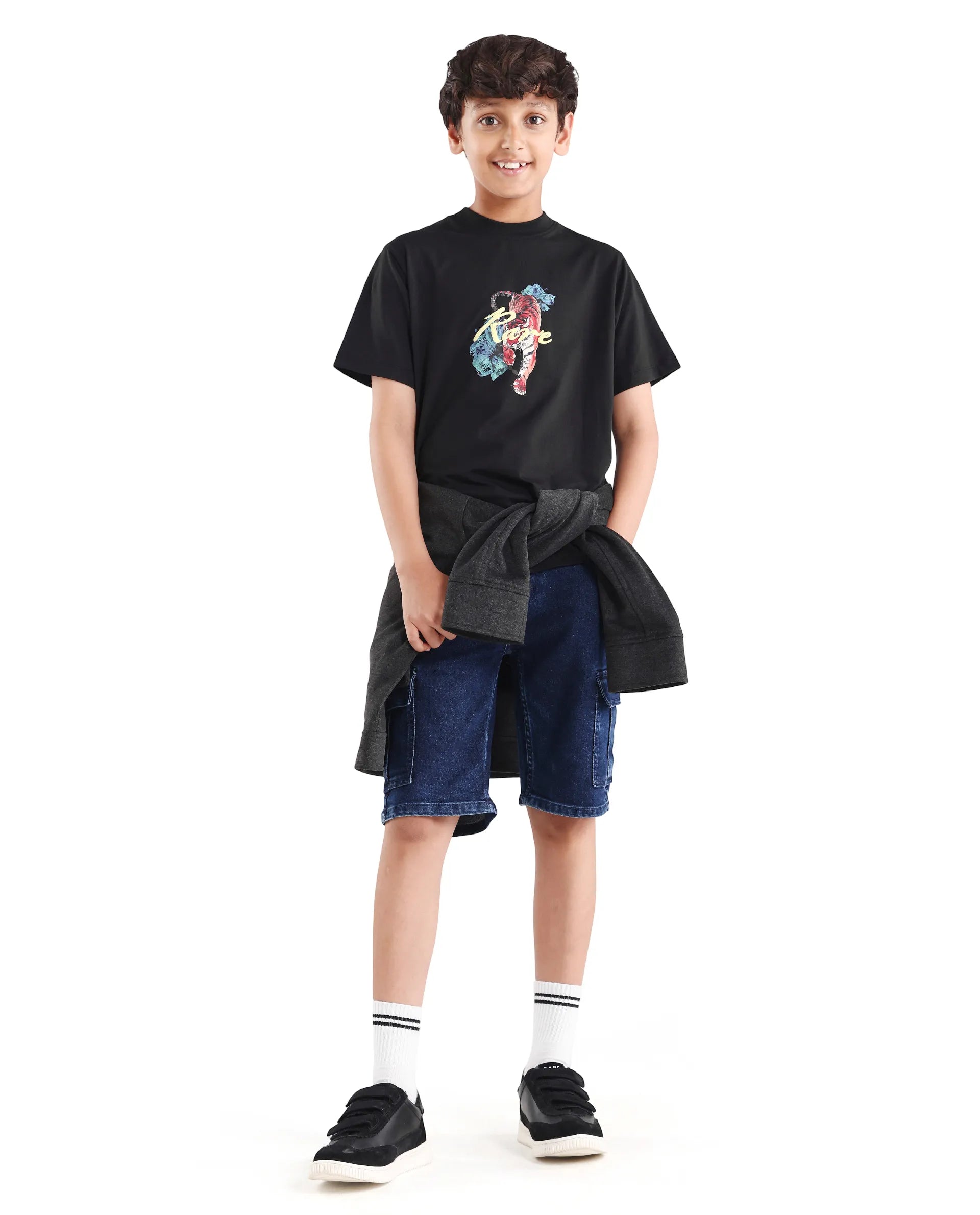 Rare Ones Kids Rige-K Black Cotton Blend Fabric Pull-On Closure Digital Print Regular Fit T-Shirt