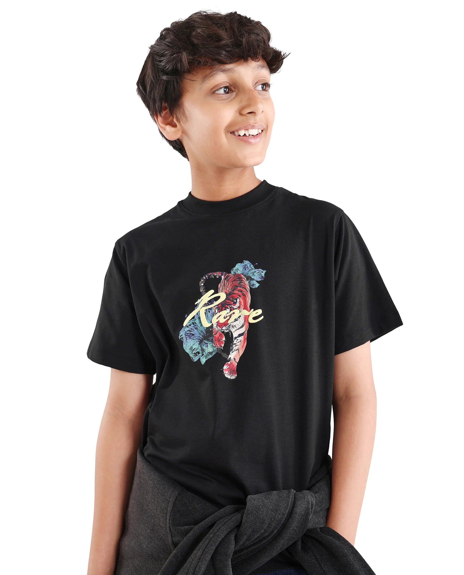 Rare Ones Kids Rige-K Black Cotton Blend Fabric Pull-On Closure Digital Print Regular Fit T-Shirt