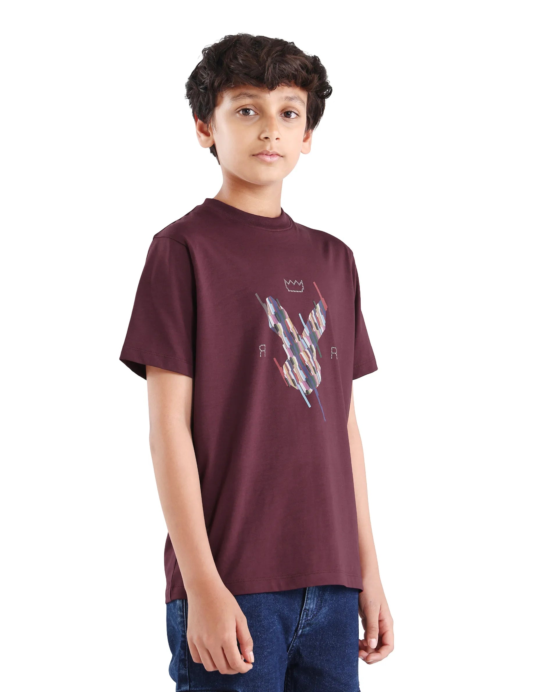 Rare Ones Kids Ure-K Dark Maroon Cotton Blend Fabric Pull-On Closure Hd Print Regular Fit T-Shirt
