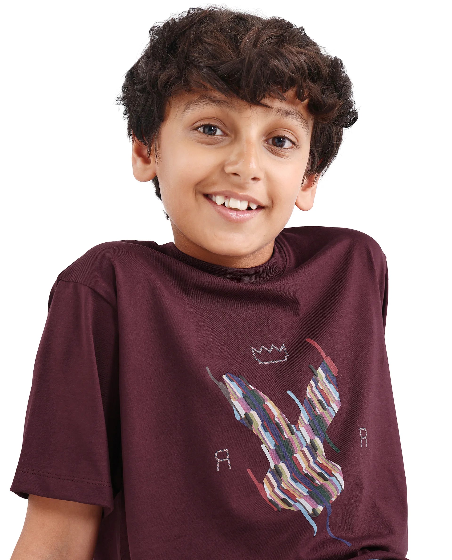 Rare Ones Kids Ure-K Dark Maroon Cotton Blend Fabric Pull-On Closure Hd Print Regular Fit T-Shirt