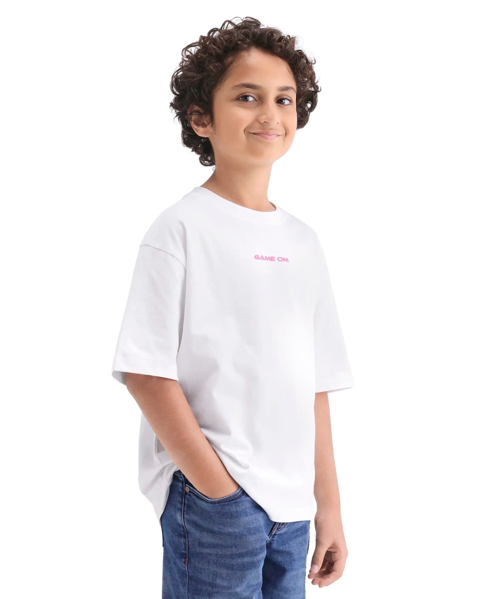 Rare Ones Kids Gamo-26 White Cotton Pull-On Closure Puff Print Boxy Fit T-Shirt