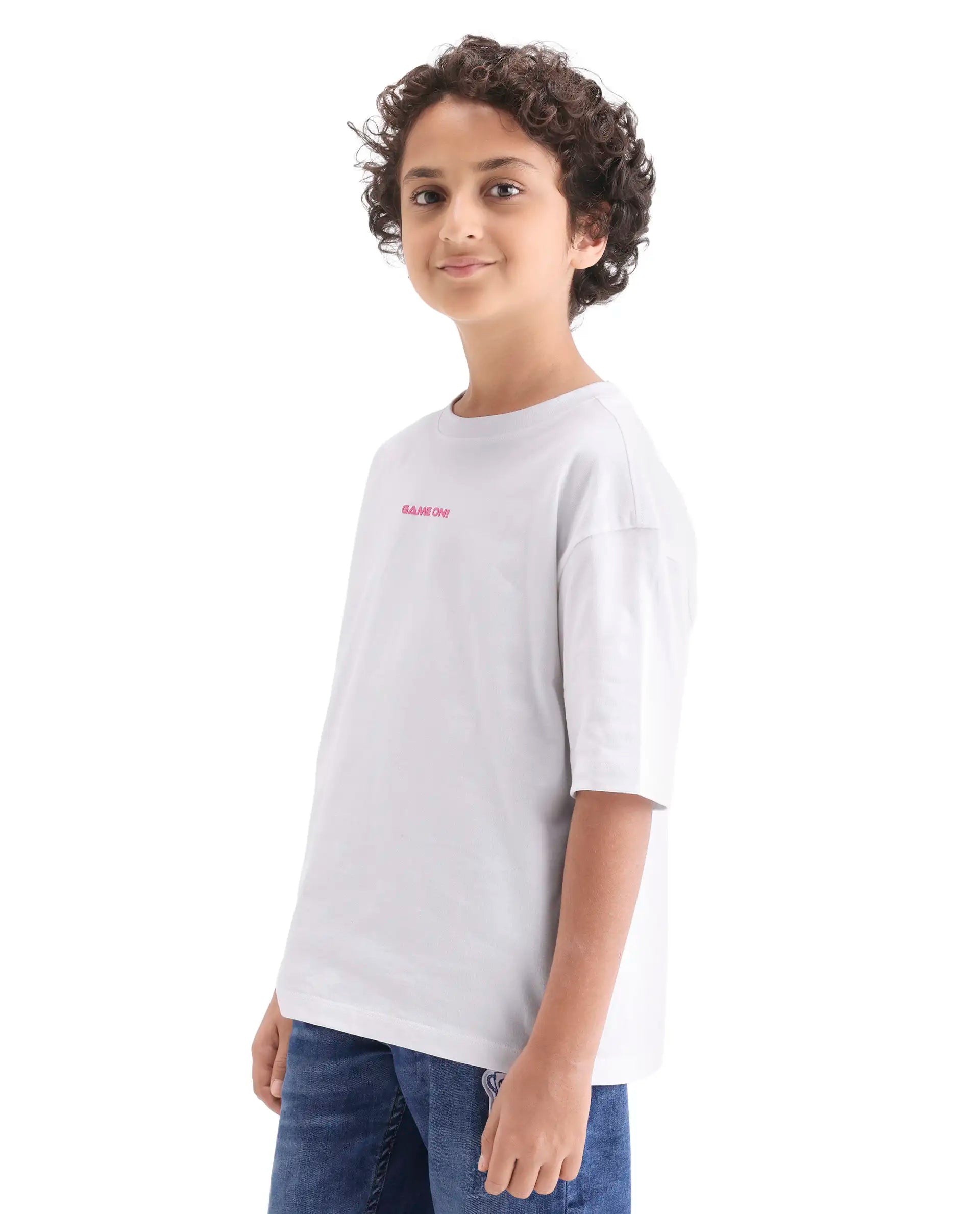 Rare Ones Kids Gamo-26 White Cotton Pull-On Closure Puff Print Boxy Fit T-Shirt
