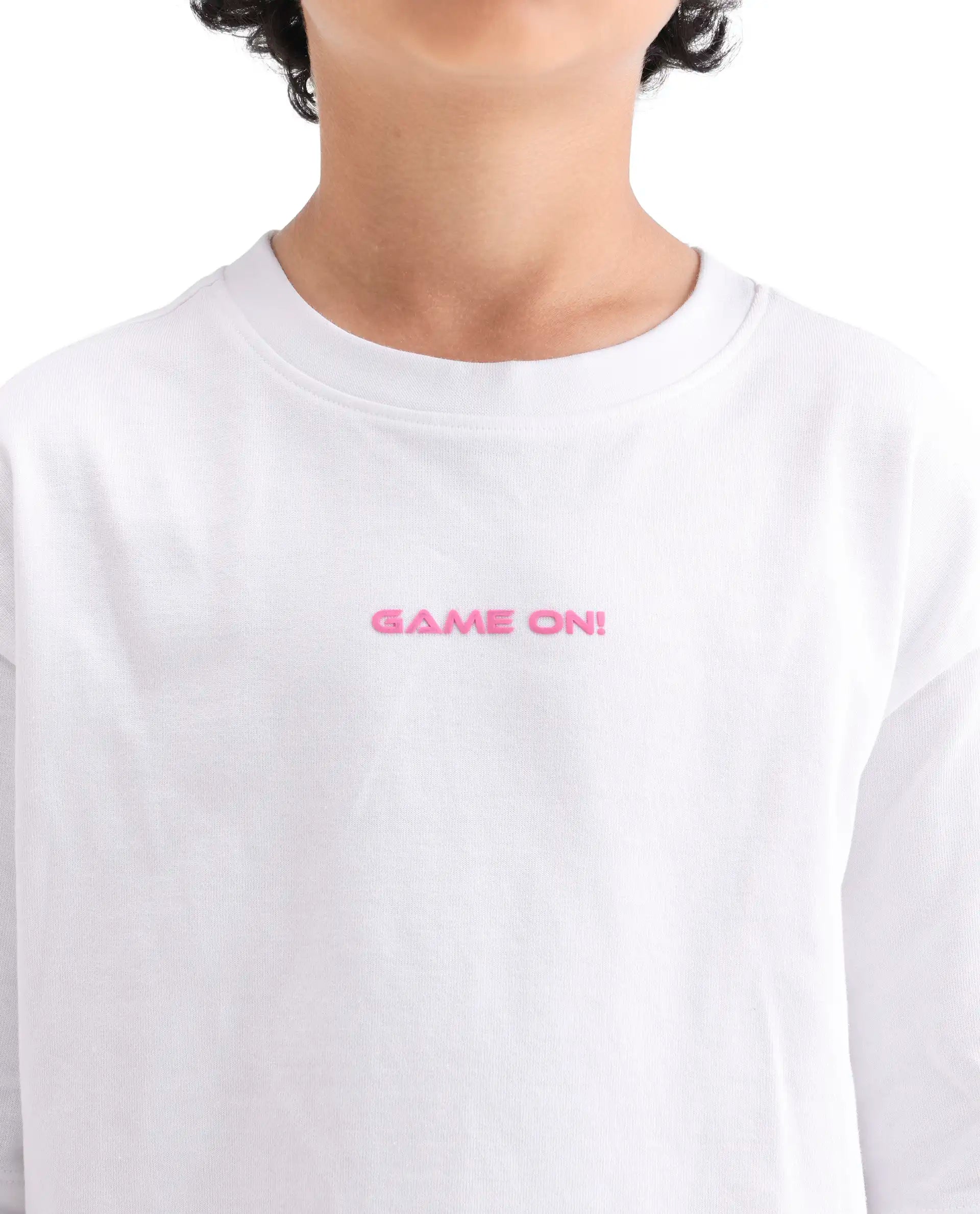 Rare Ones Kids Gamo-26 White Cotton Pull-On Closure Puff Print Boxy Fit T-Shirt
