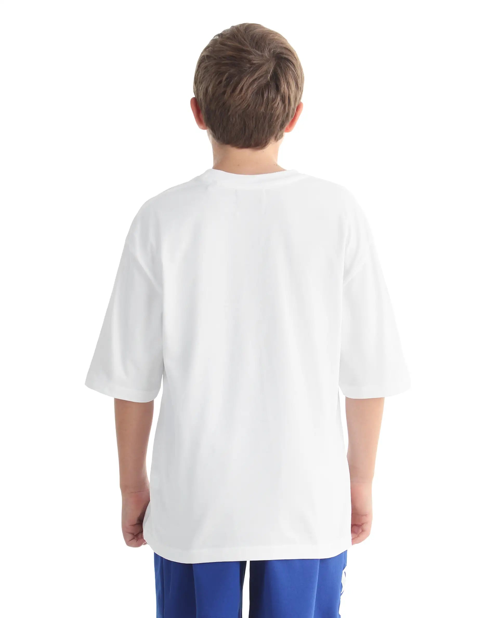 Rare Ones Kids Legun-26 White Cotton Pull-On Closure Badge Applique Oversized Fit T-Shirt