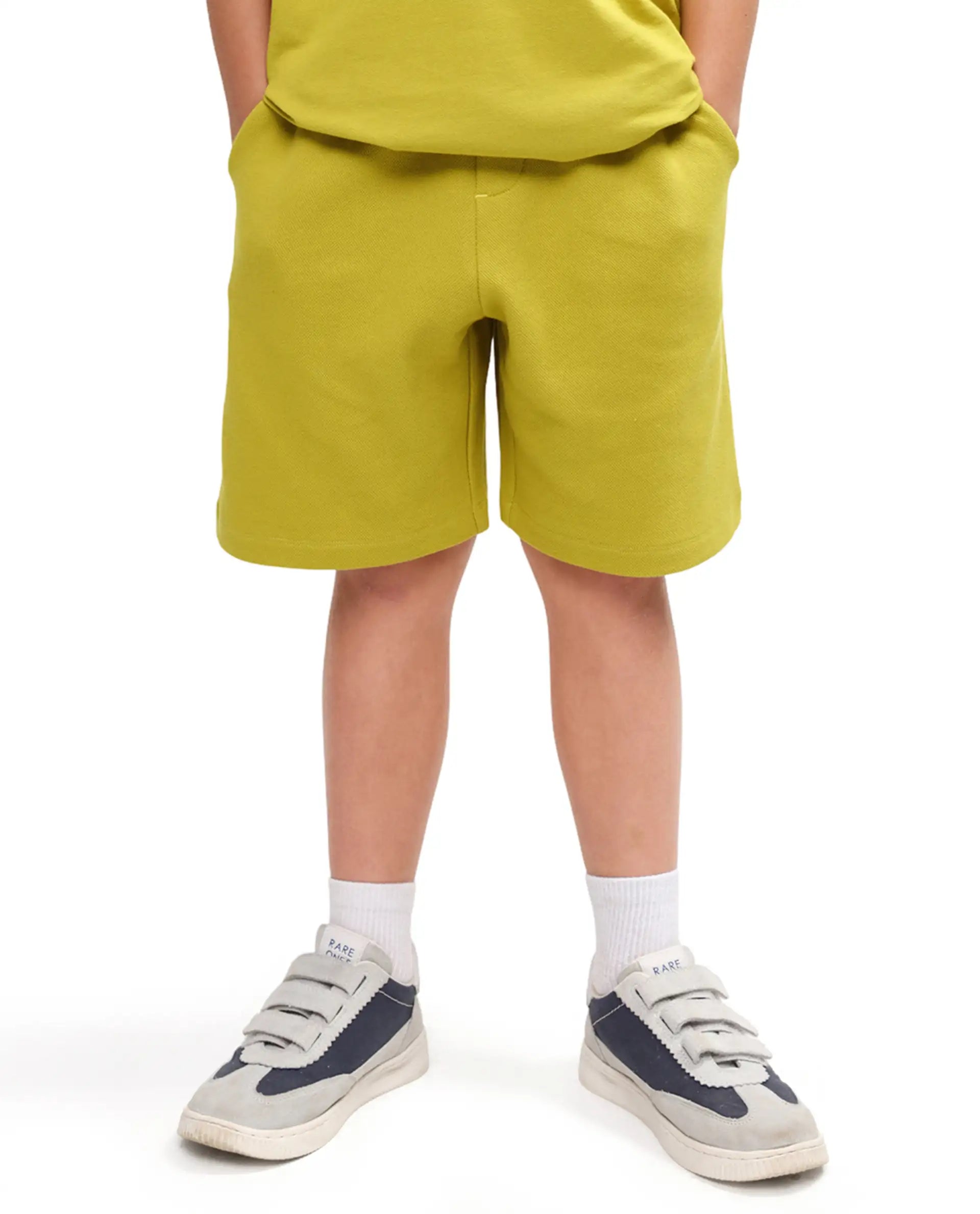 Rare Ones Kids Heros-B Fluorescent Yellow Polyester Blend Fabric Button And Zipper Closure Hd Print Regular Fit Shorts