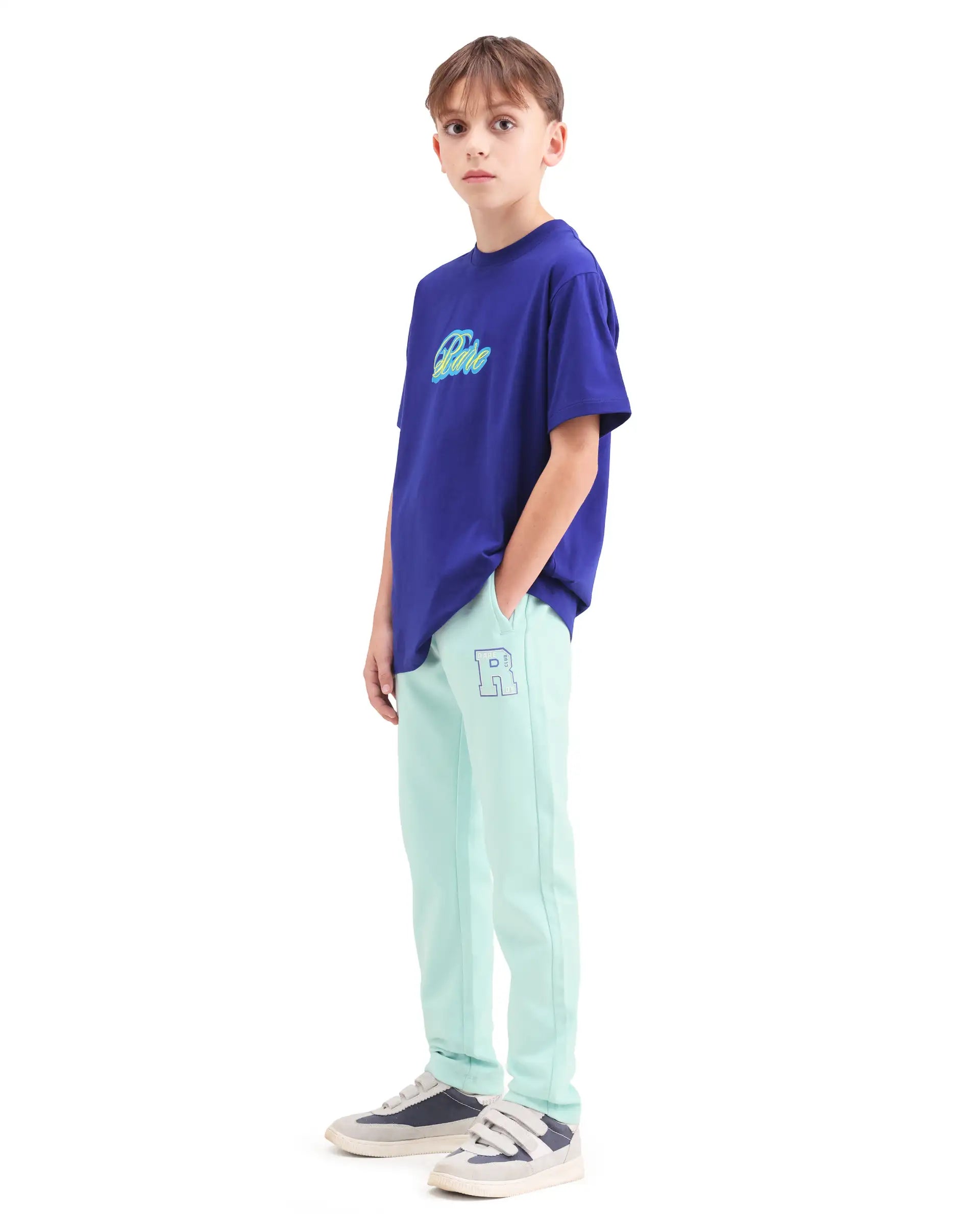 Rare Ones Kids Huzz Light Green Cotton Blend Fabric Drawstring Closure Hd Print Straight Fit Track Pant