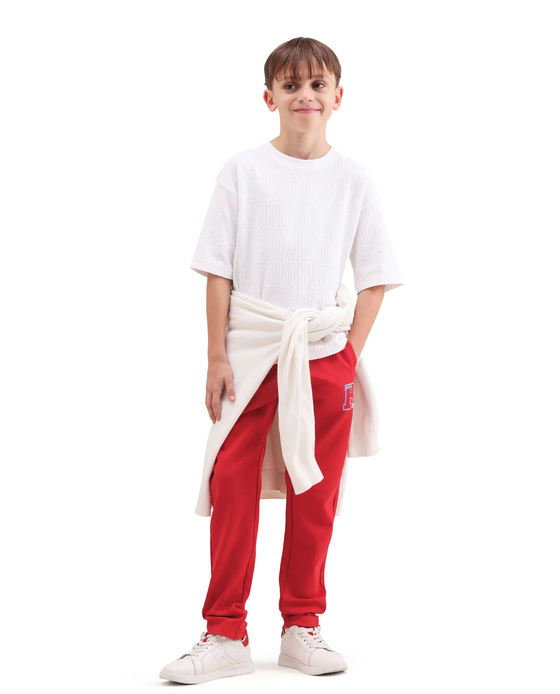 Rare Ones Kids Huzz Red Cotton Blend Fabric Drawstring Closure Hd Print Straight Fit Track Pant