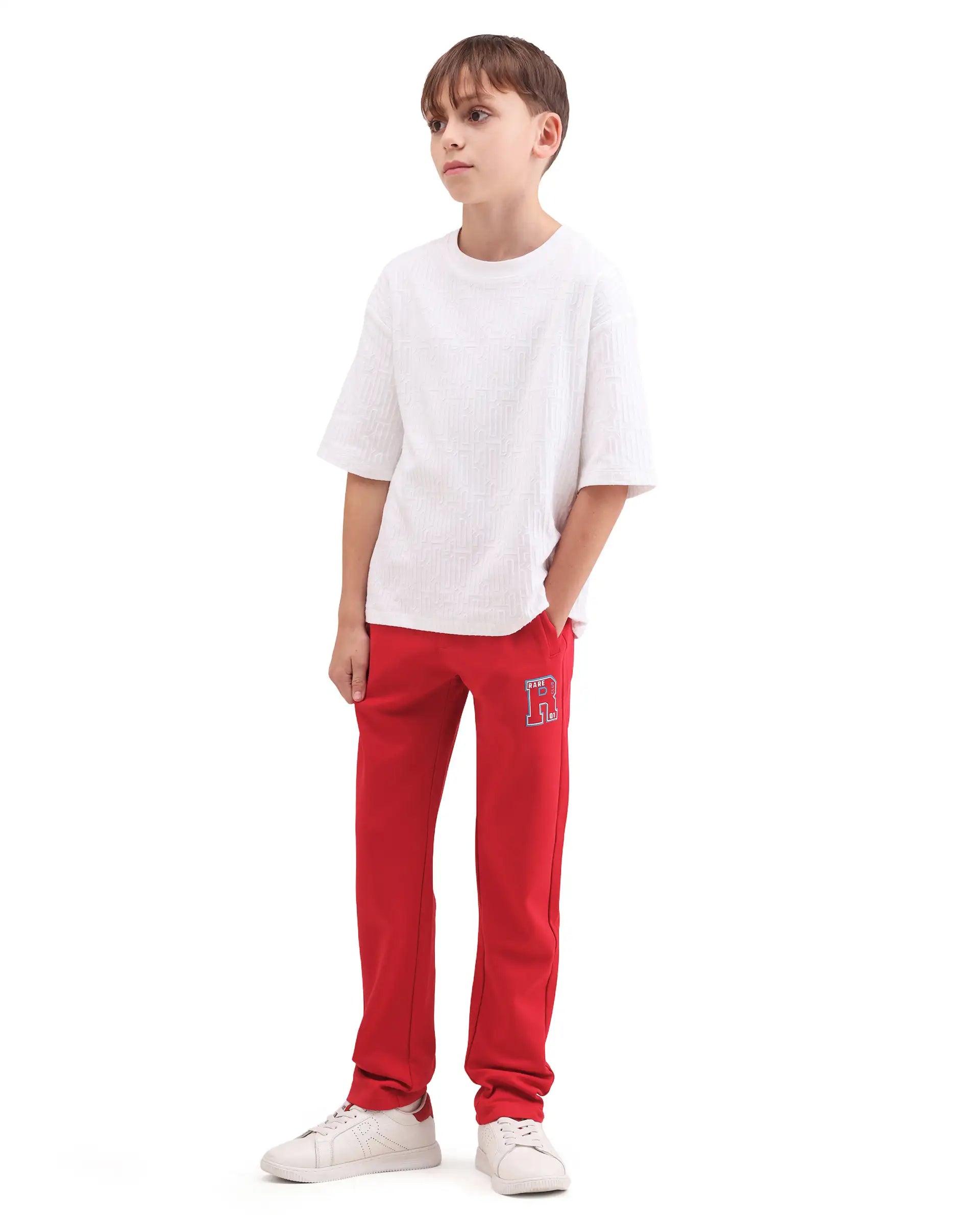 Rare Ones Kids Huzz Red Cotton Blend Fabric Drawstring Closure Hd Print Straight Fit Track Pant