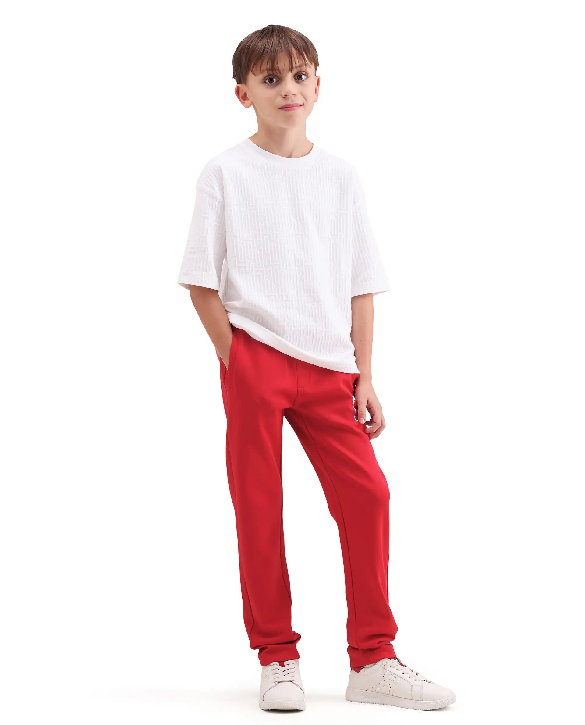 Rare Ones Kids Huzz Red Cotton Blend Fabric Drawstring Closure Hd Print Straight Fit Track Pant