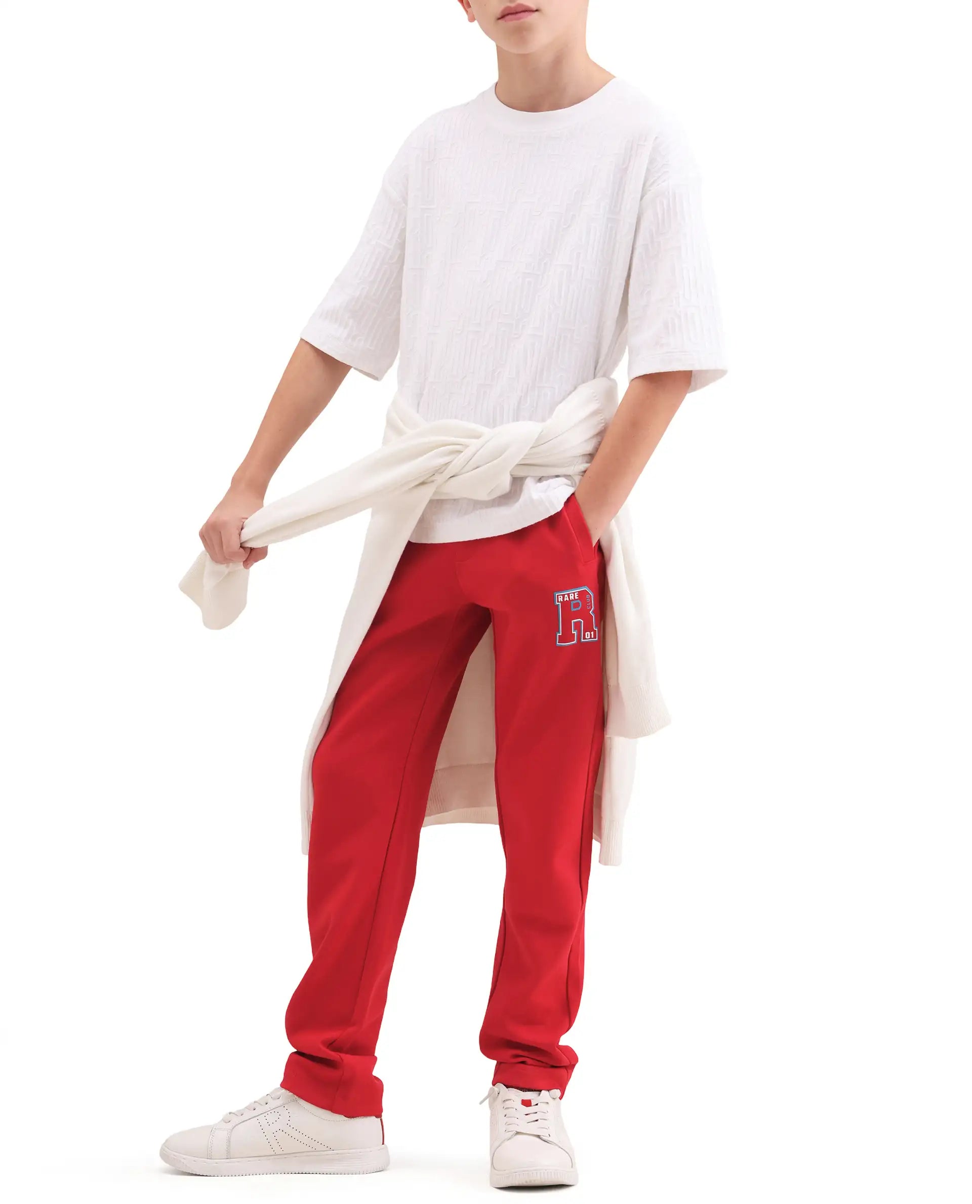 Rare Ones Kids Huzz Red Cotton Blend Fabric Drawstring Closure Hd Print Straight Fit Track Pant