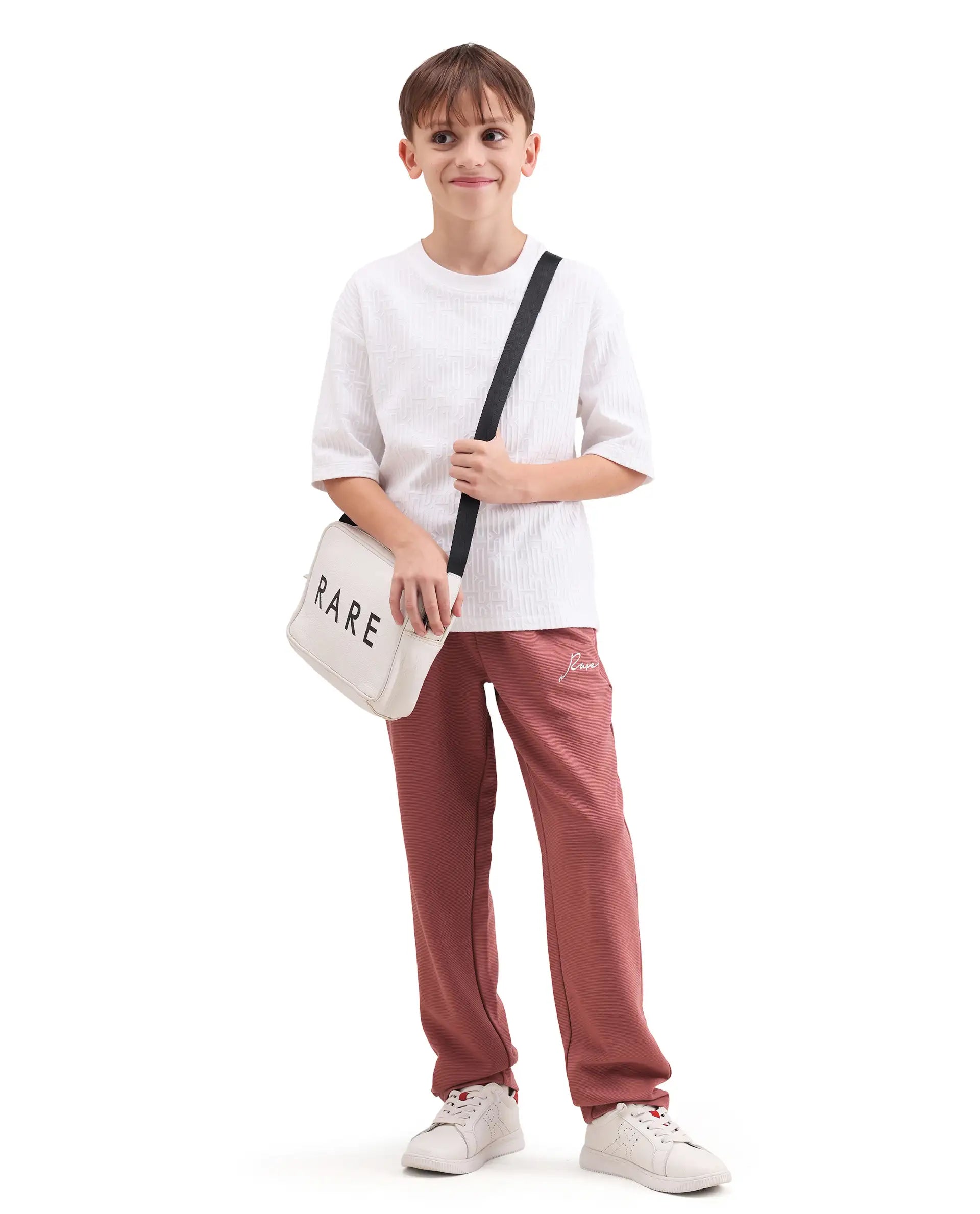 Rare Ones Kids Ned Dusky Red Cotton Blend Fabric Drawstring Closure Hd Print Straight Fit Track Pant