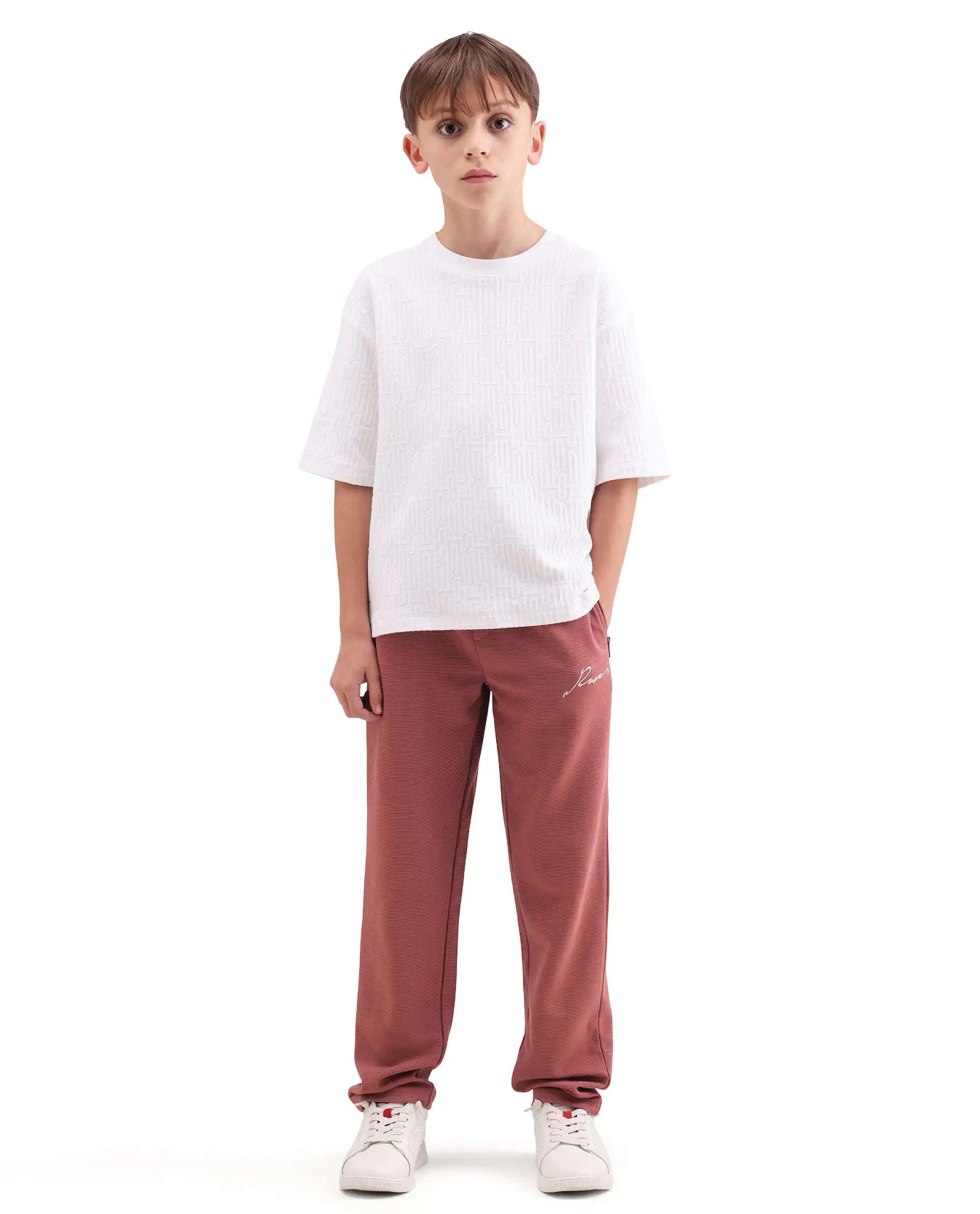 Rare Ones Kids Ned Dusky Red Cotton Blend Fabric Drawstring Closure Hd Print Straight Fit Track Pant