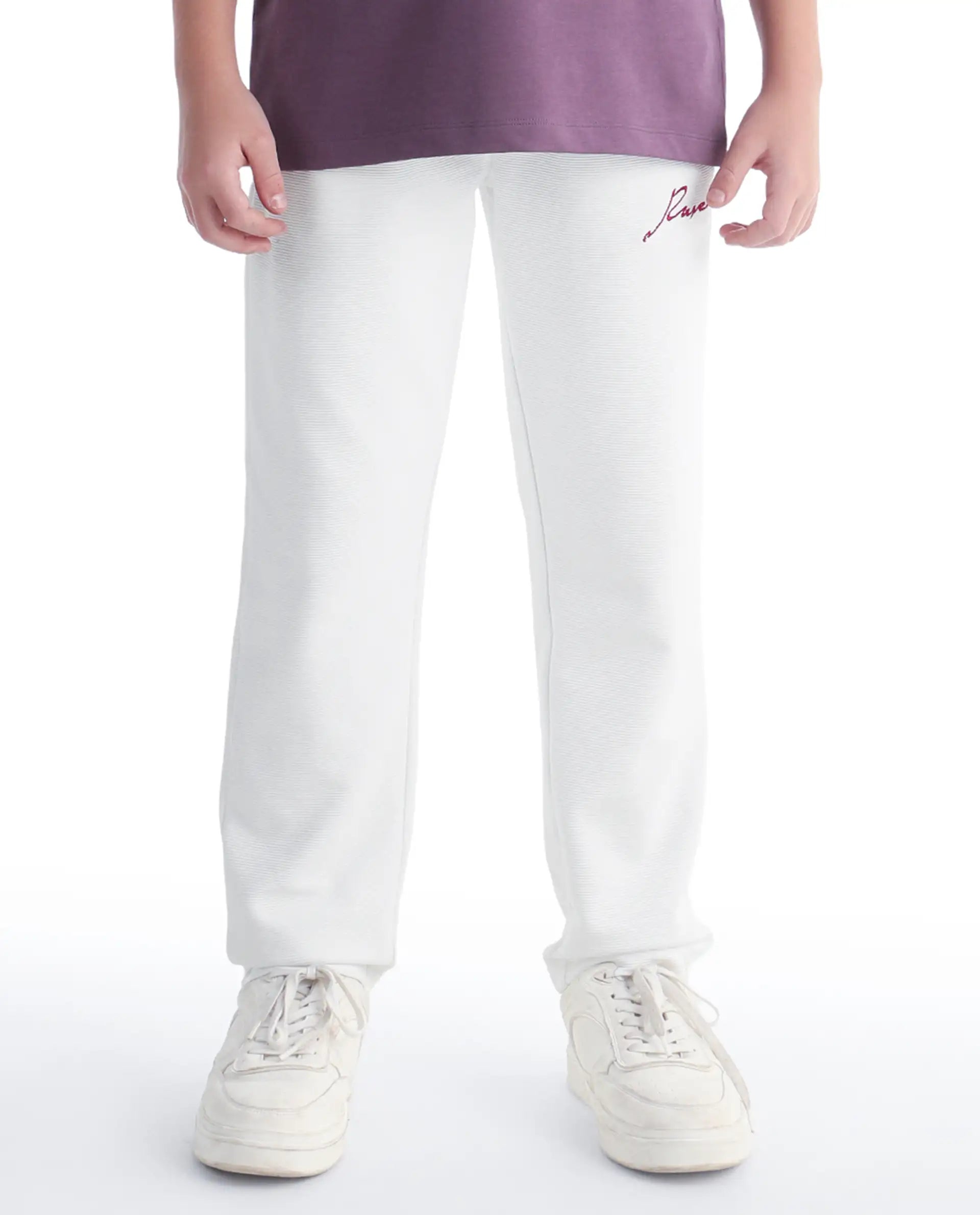 Rare Ones Kids Ned Off White Cotton Blend Fabric Drawstring Closure Hd Print Straight Fit Track Pant