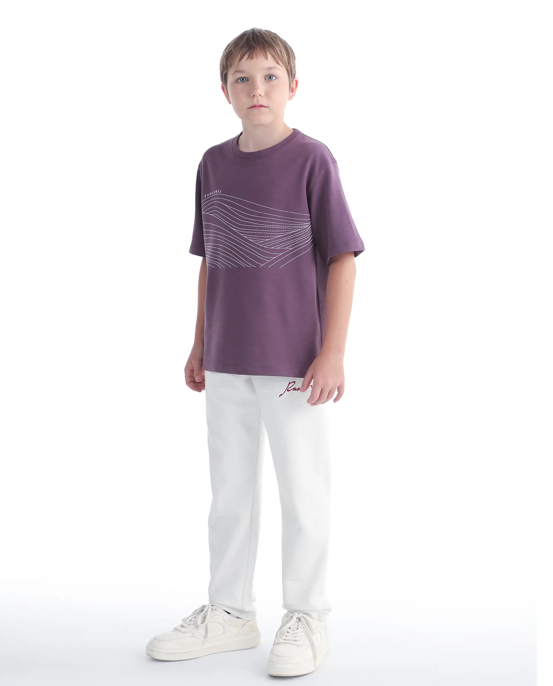 Rare Ones Kids Ned Off White Cotton Blend Fabric Drawstring Closure Hd Print Straight Fit Track Pant