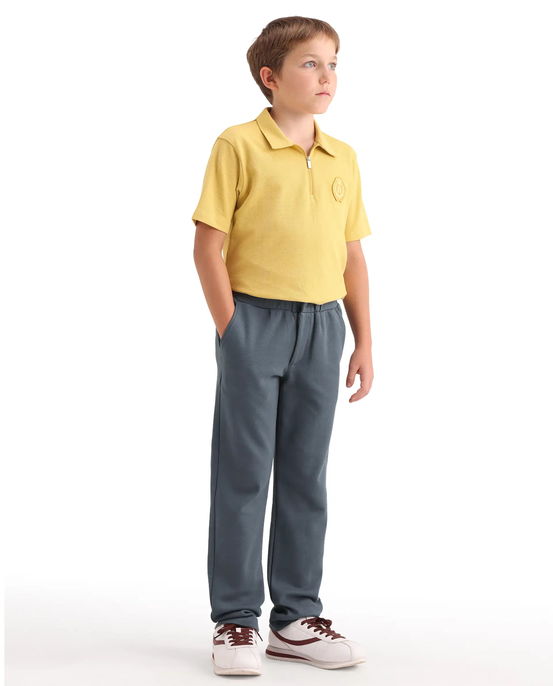 Rare Ones Kids Aura Dusky Blue Cotton Fabric Button And Zipper Closure Straight Fit Trouser