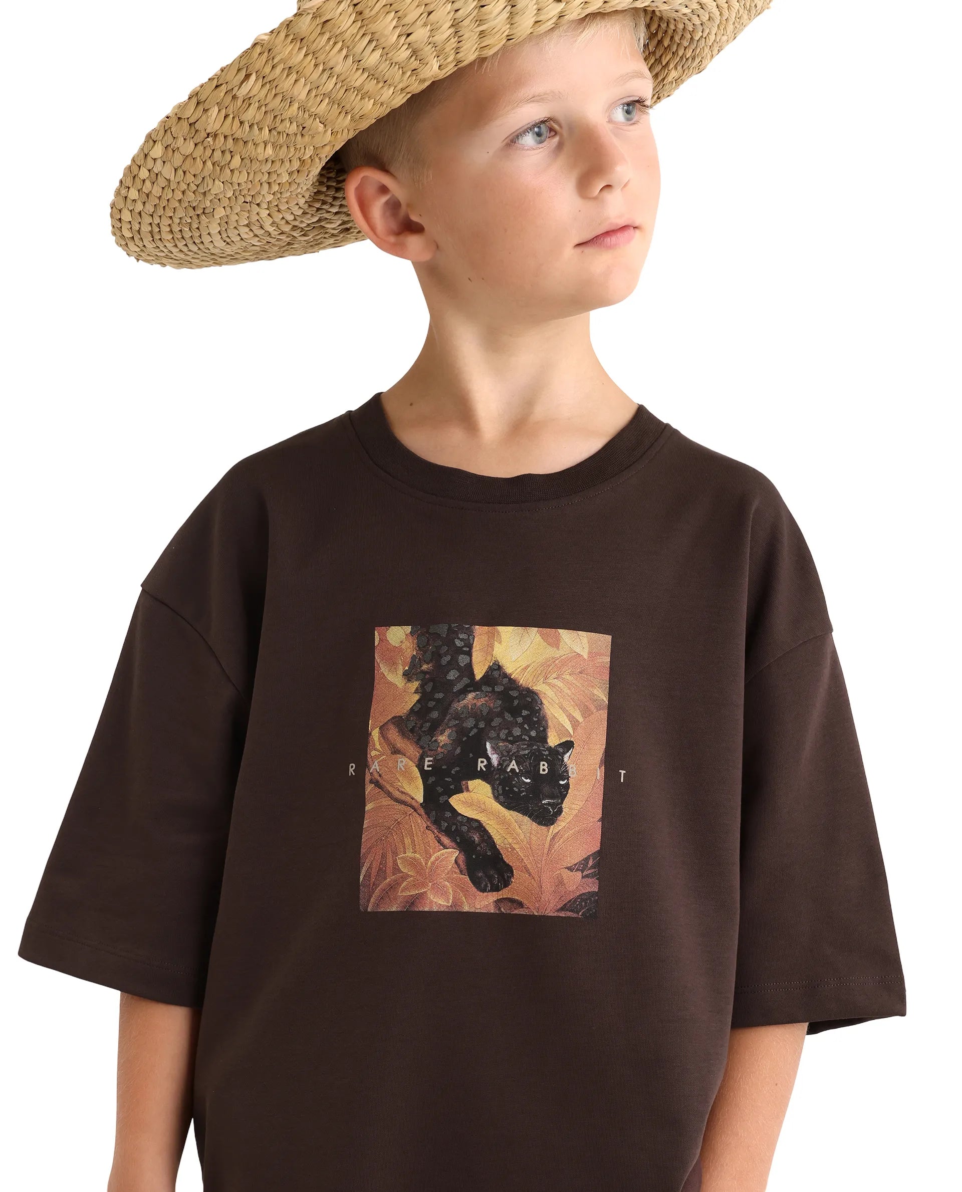 Rare Ones Kids Kumo-K Dark Brown Cotton Blend Fabric Pull-On Closure Boxy Fit T-Shirt
